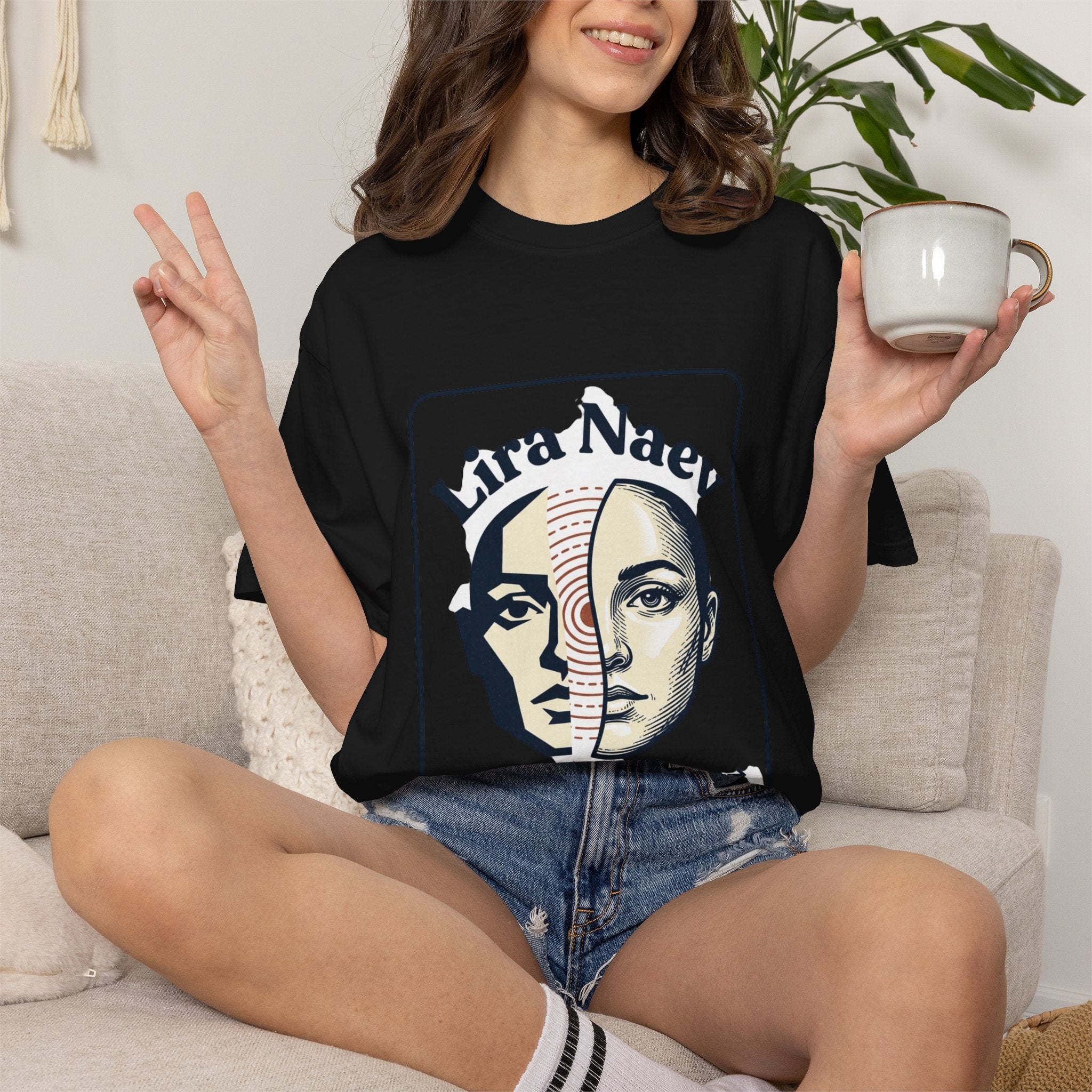 Power Runs Black PRB Lira Naev Split-Face Graphic T-Shirt — “Perception shifts the center” Statement Tee by Printify