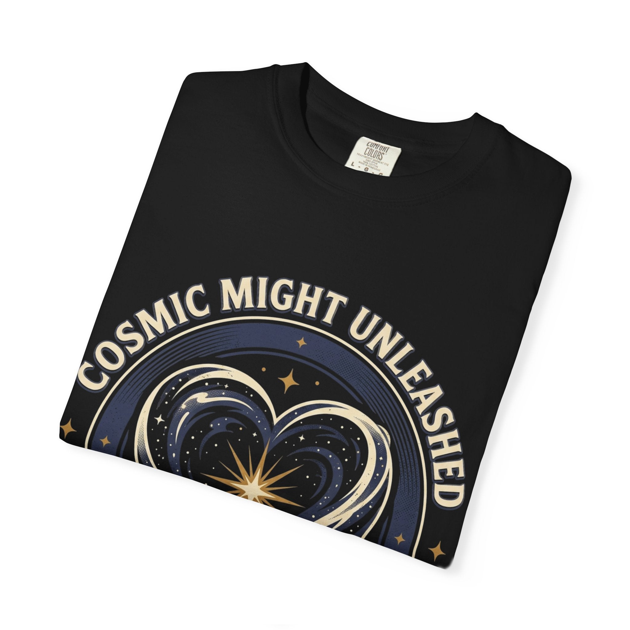 PRB Starforged Flex Cosmic Might Unleashed Heart Graphic T-Shirt — "Cosmic Might Unleashed" Astral Design by Power Runs Black
