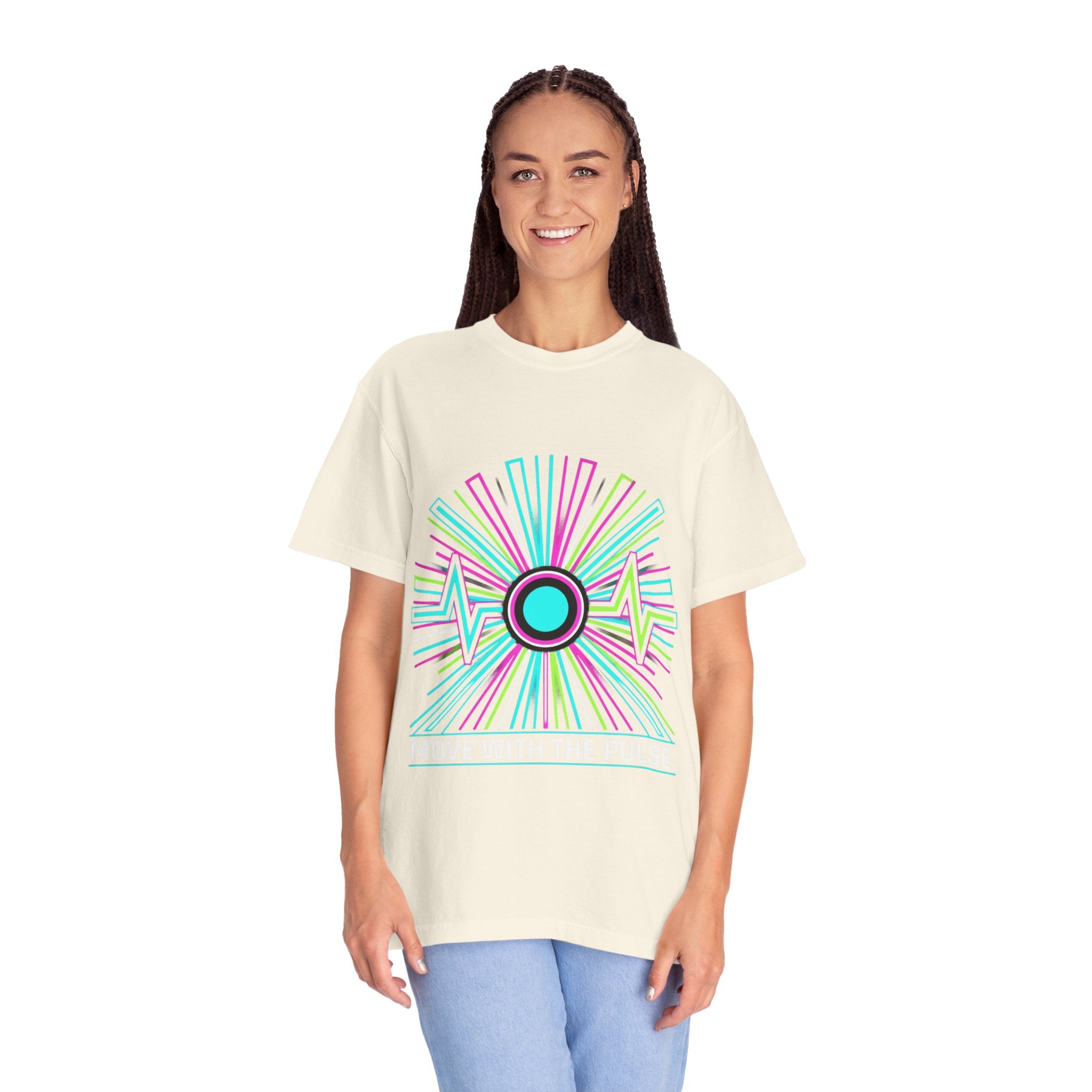 Power Runs Black PRB Electric "Move With Pulse" Graphic T-Shirt — Neon Sunburst Design by Power Runs Black