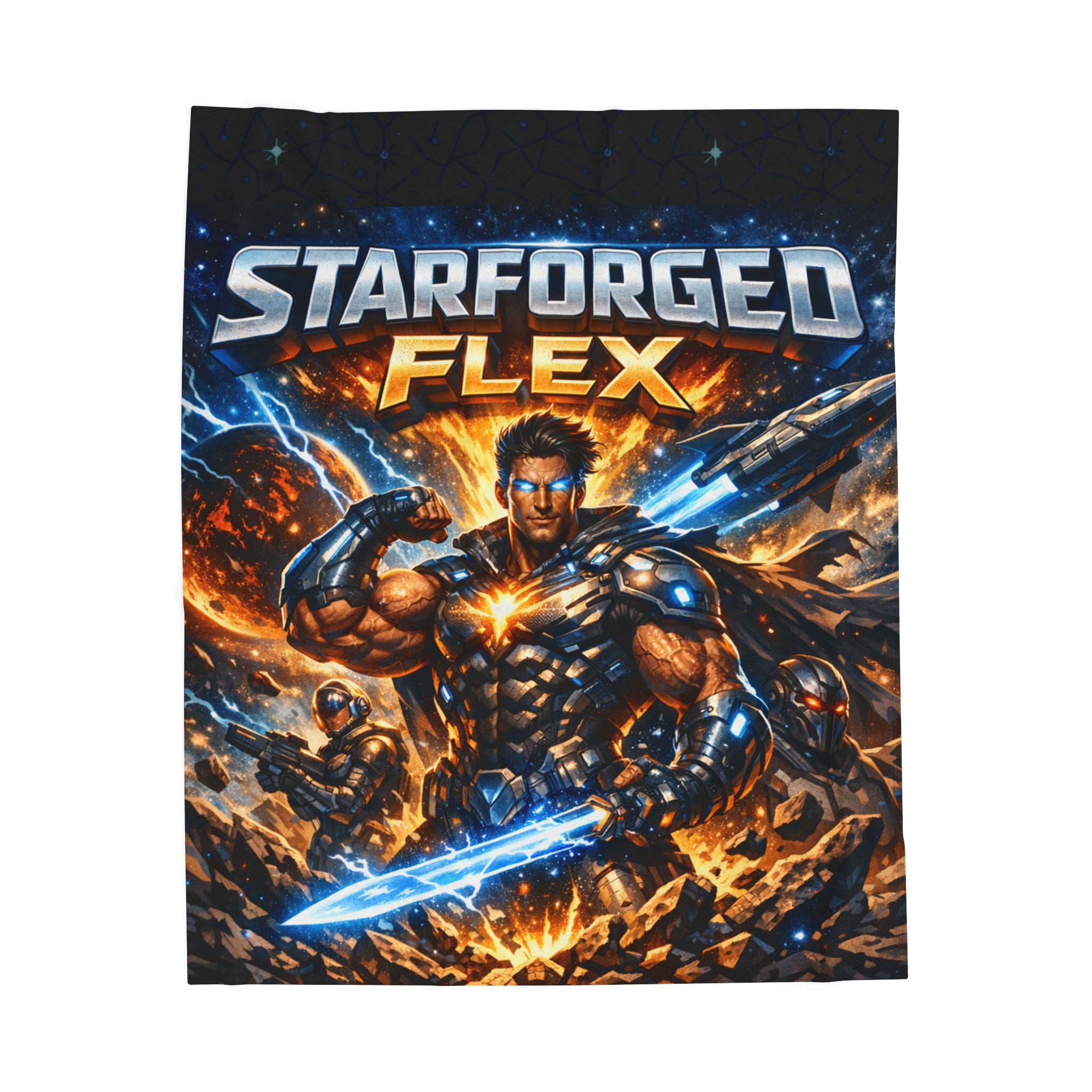 Power Runs Black Starforged Flex Velveteen Plush Blanket — Sci‑Fi Warrior Graphic Throw by Power Runs Black