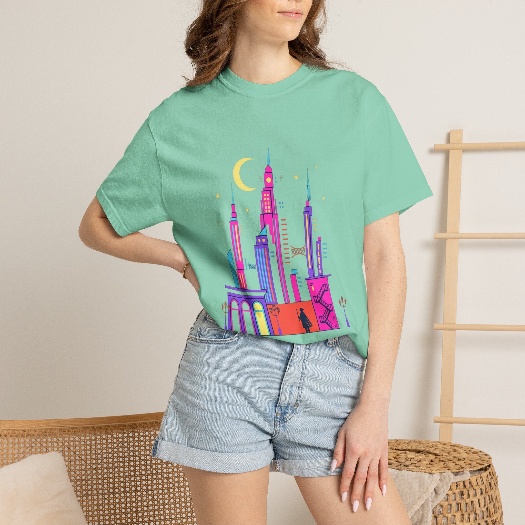Power Runs Black PRB Neon City Skyline T-shirt | Vibrant Urban Nightscape Tee by Printify