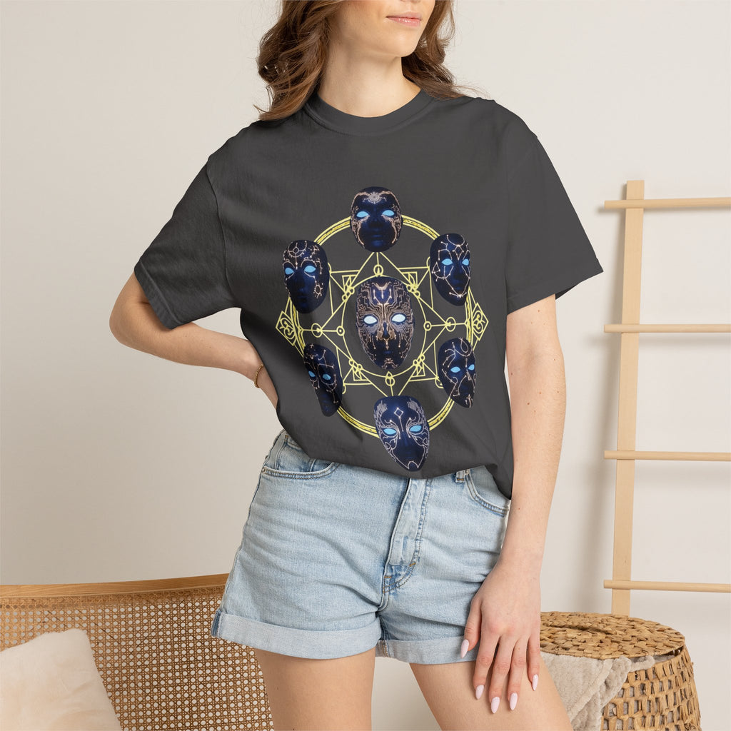 PRB Tribal Mask Circle Graphic Tee, Spiritual Afrocentric Art by Printify