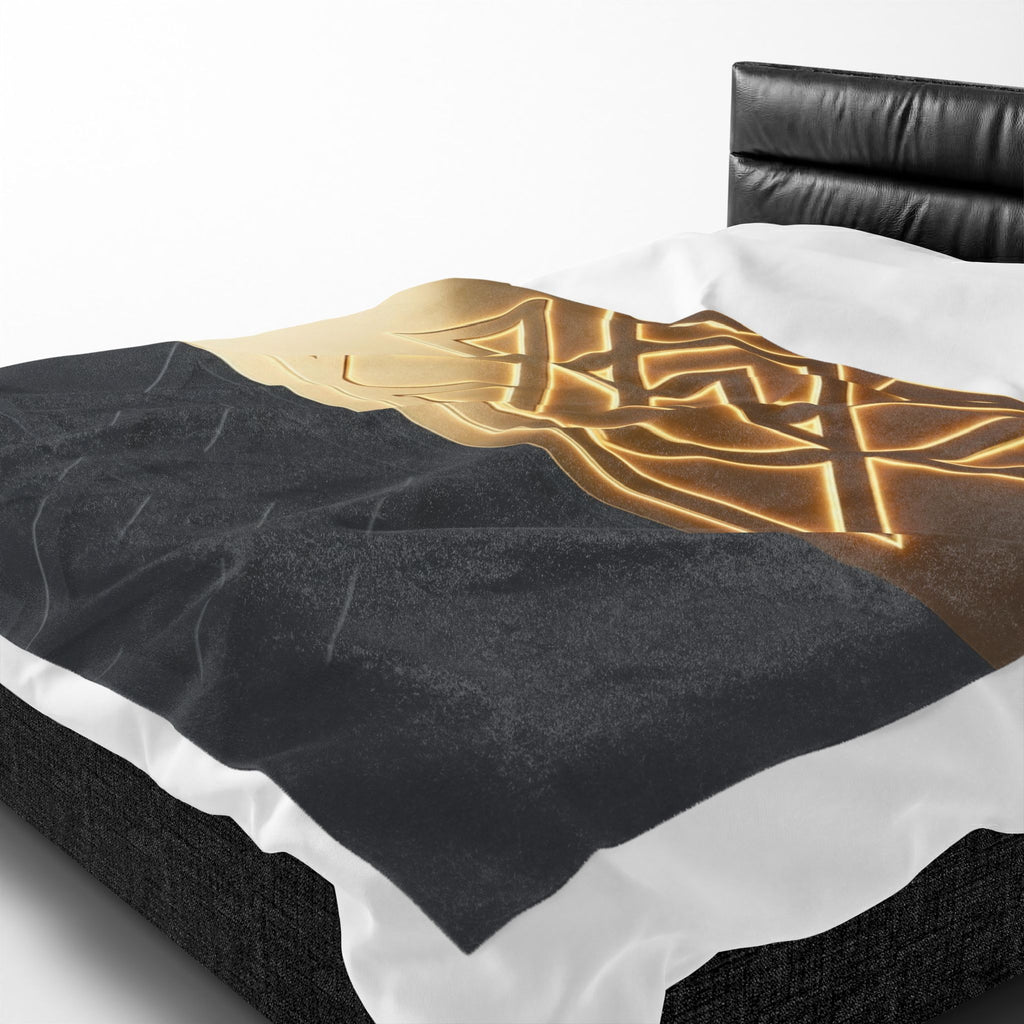 Power Runs Black PRB Velveteen Plush Blanket — Geometric Gold & Black Nordic Rune Throw by Power Runs Black