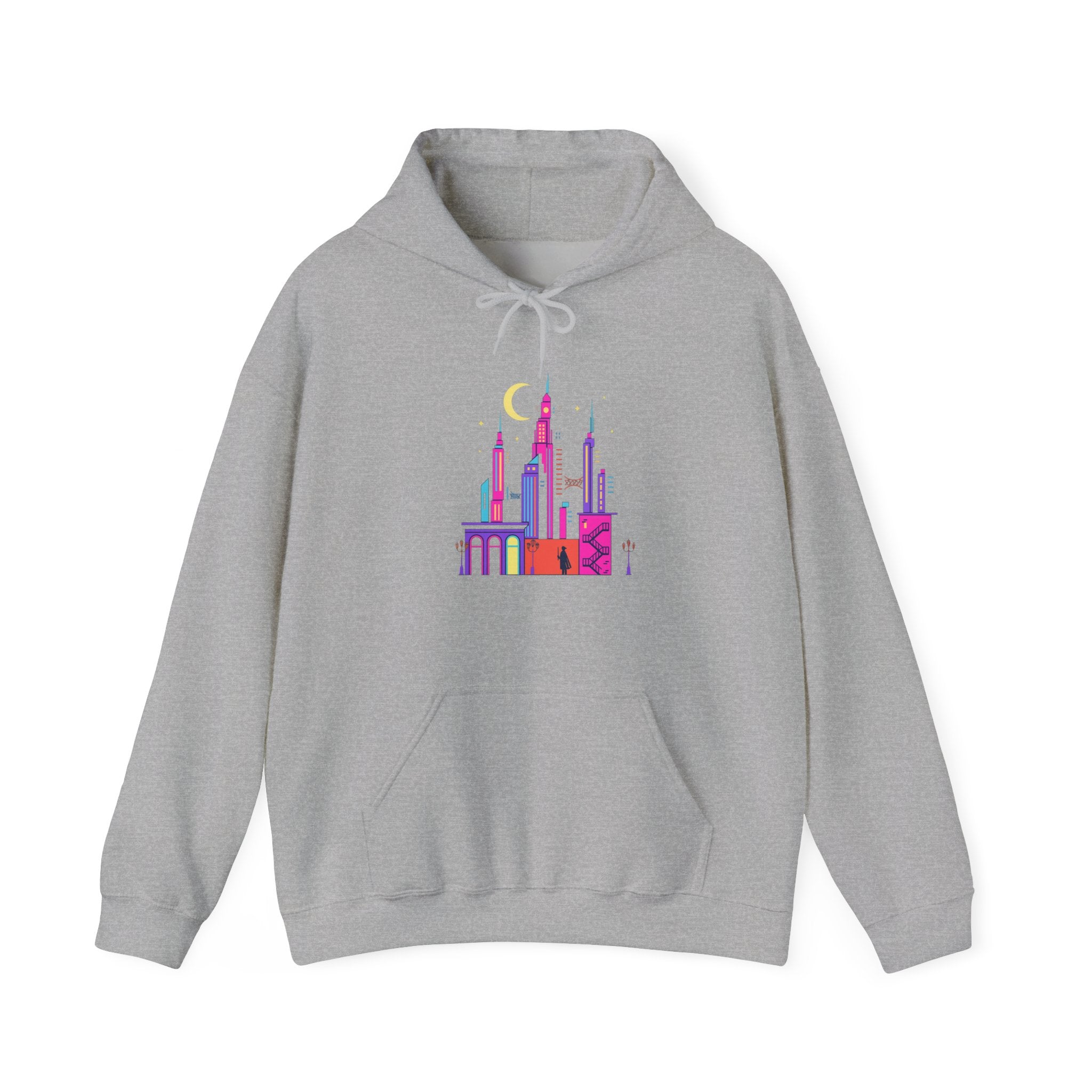 PRB Colorful City Skyline Hoodie – Vibrant Nighttime Urban Graphic by Power Runs Black
