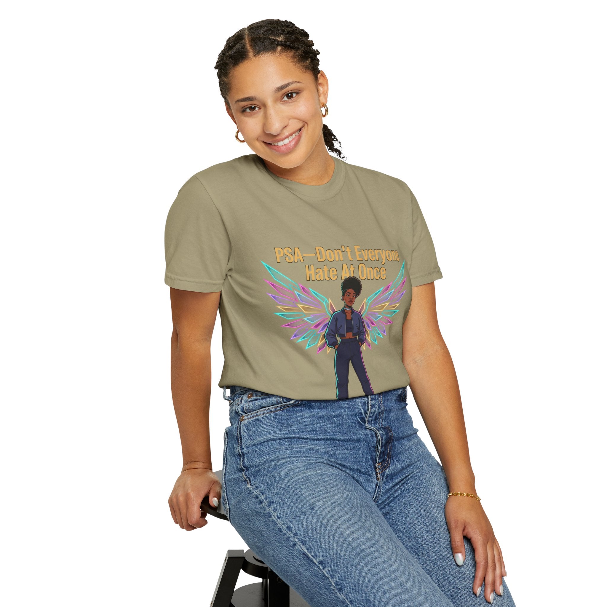 T-Shirt — PSA “Don't Everyone Hate At Once” Angel Wings Graphic Tee by Printify