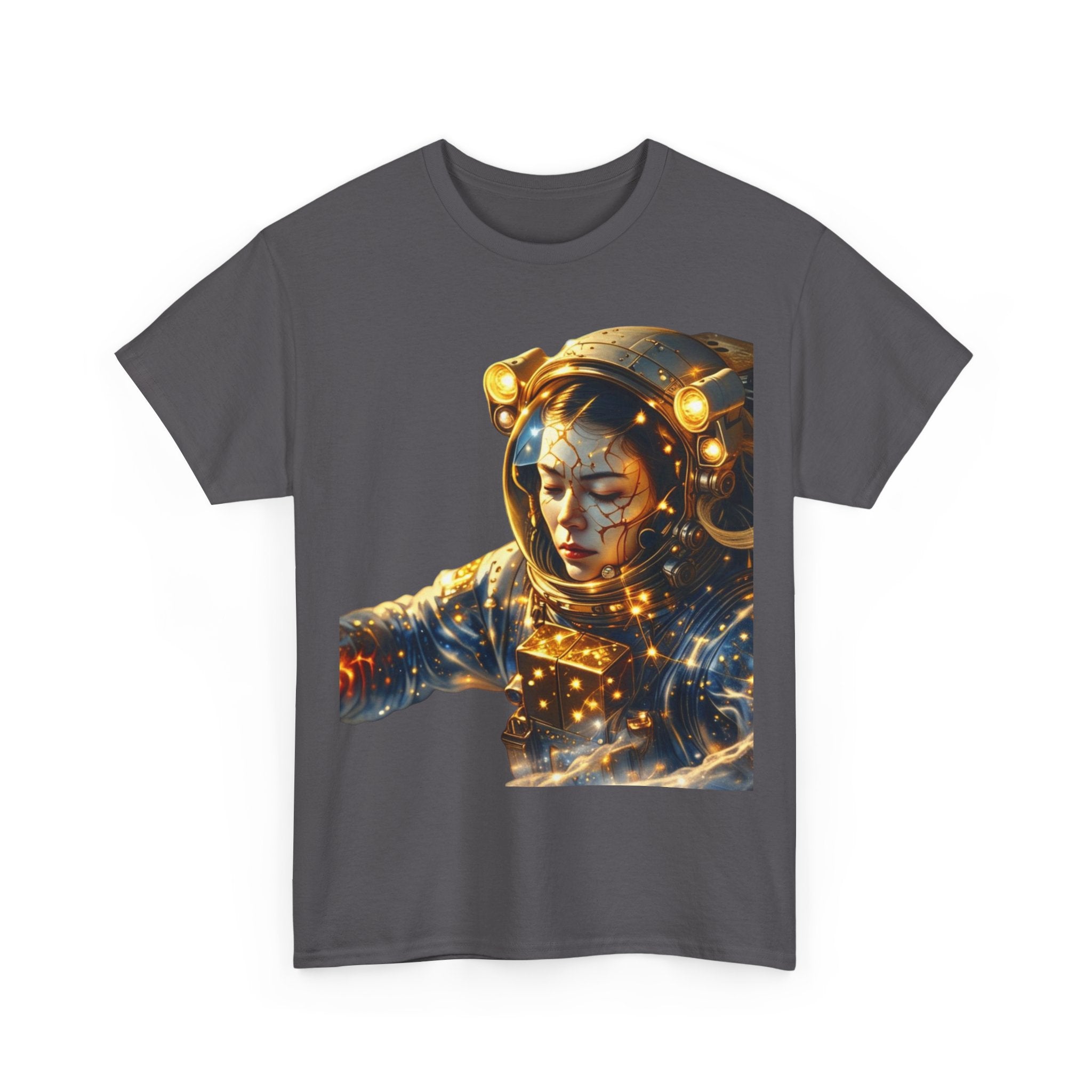PRB Golden Astronaut Portrait T-Shirt | Space Helmet Art, Cosmic Lights by Power Runs Black