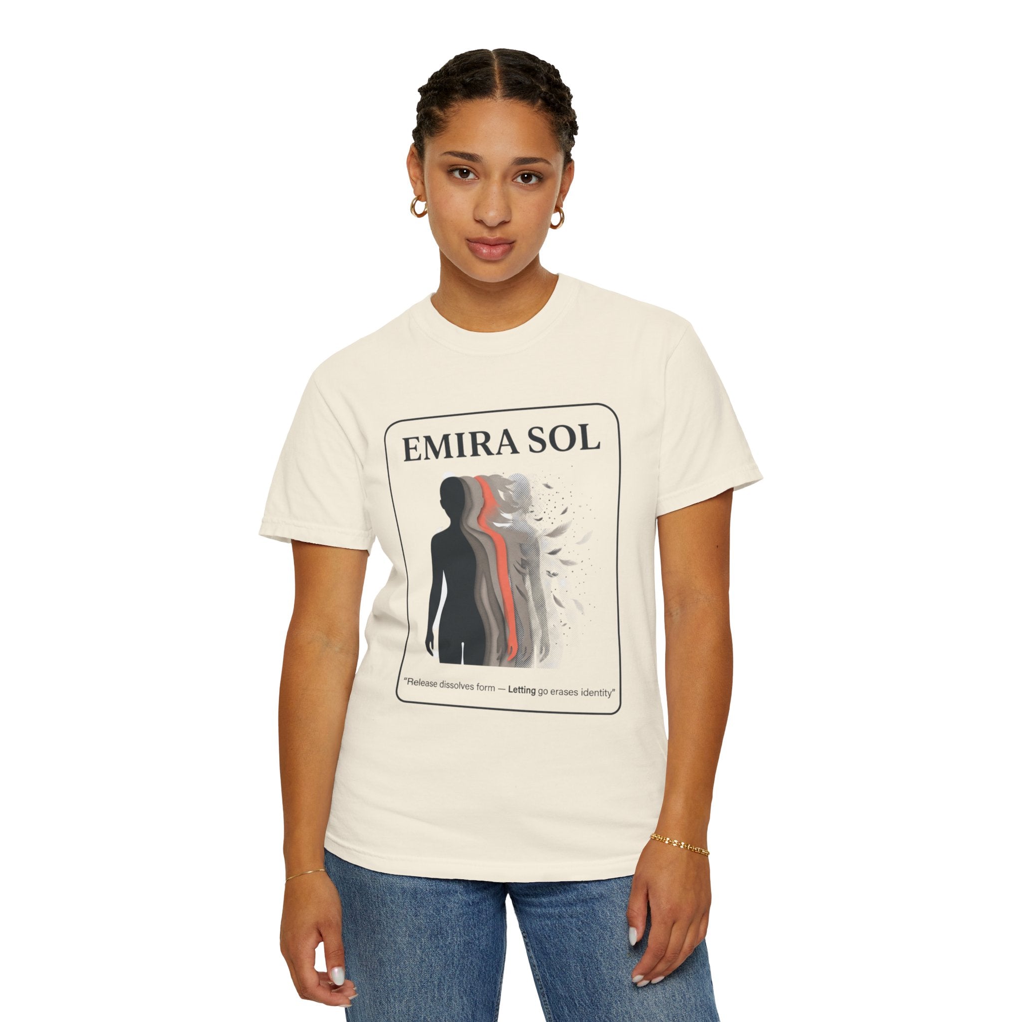 Power Runs Black PRB Emira Sol Graphic T-Shirt — Silhouette Art "Release Shadows" Tee by Printify