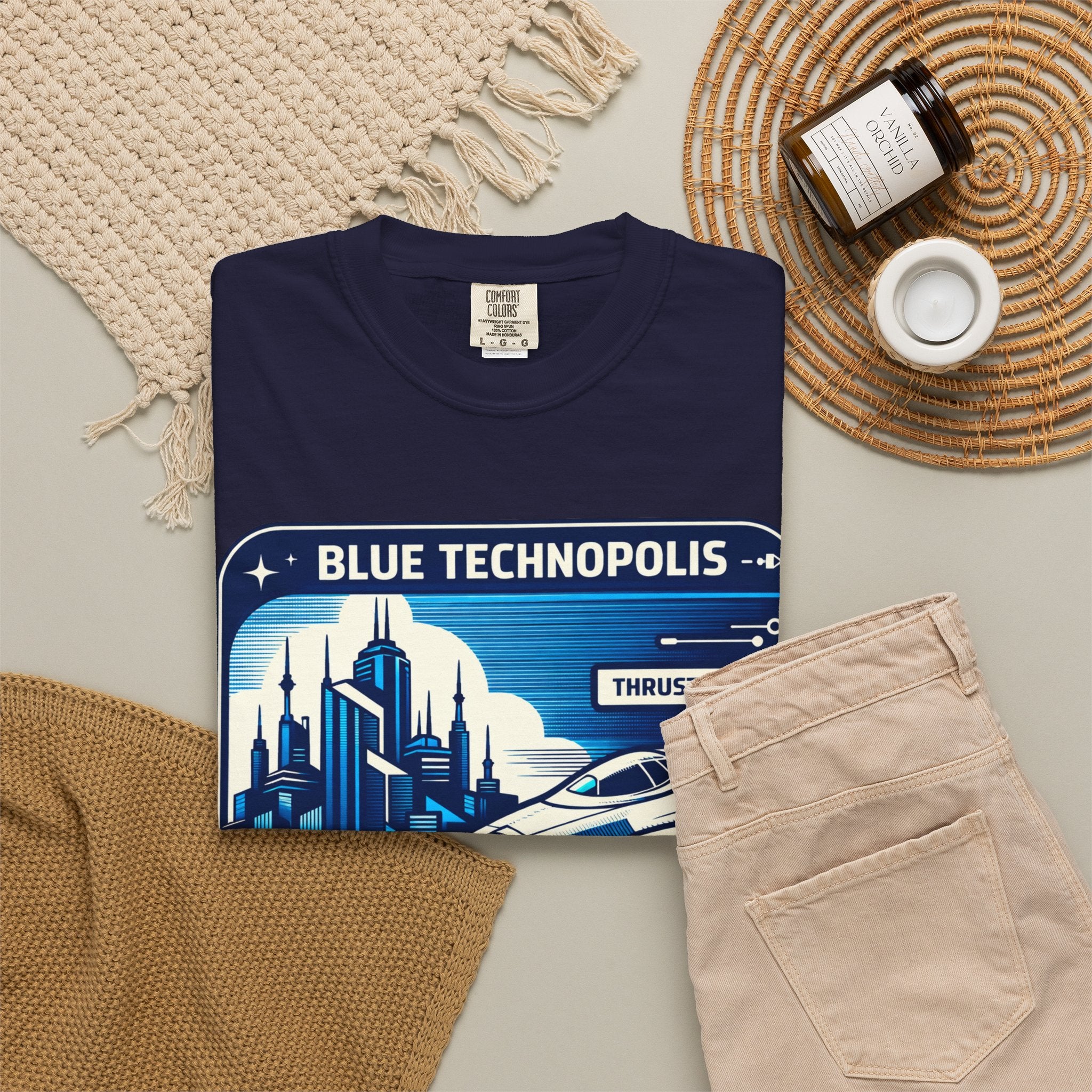Power Runs Black PRB Technopolis Spacecraft T-Shirt — Blue Technopolis Retro Sci‑Fi Tee by Printify