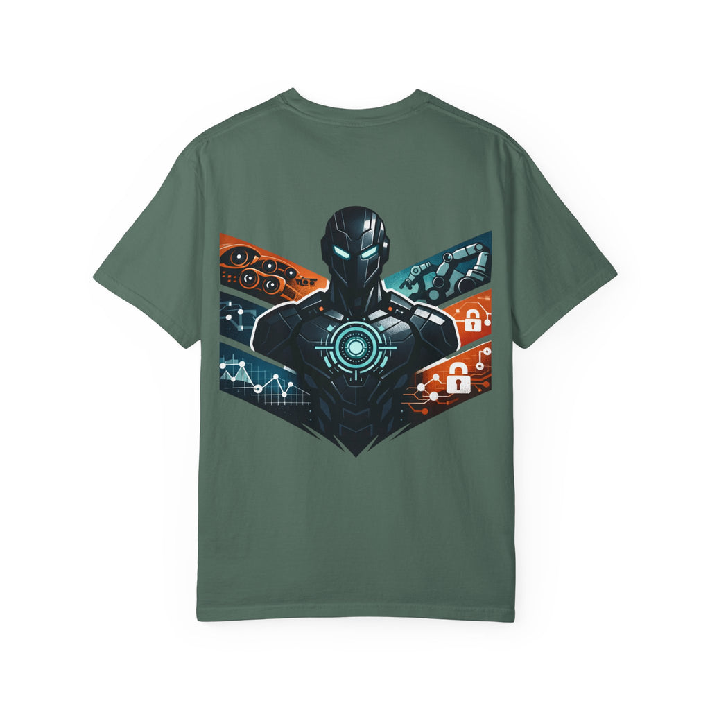 Power Runs Black Cyberframe Unit T-Shirt — Futuristic Tech Armor Graphic Tee by Power Runs Black