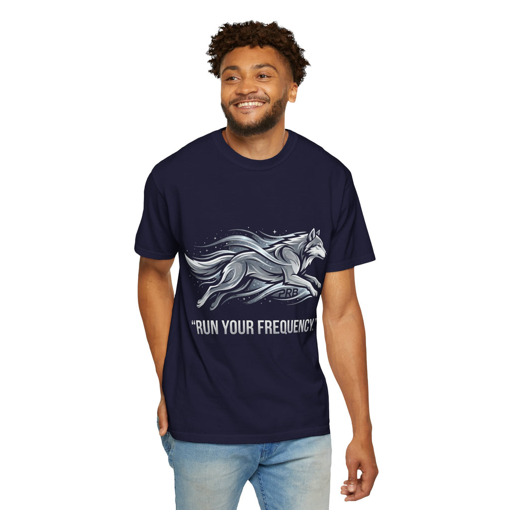 Wolf Graphic T-Shirt — 'Run Your Frequency' Motivational Tee by Printify