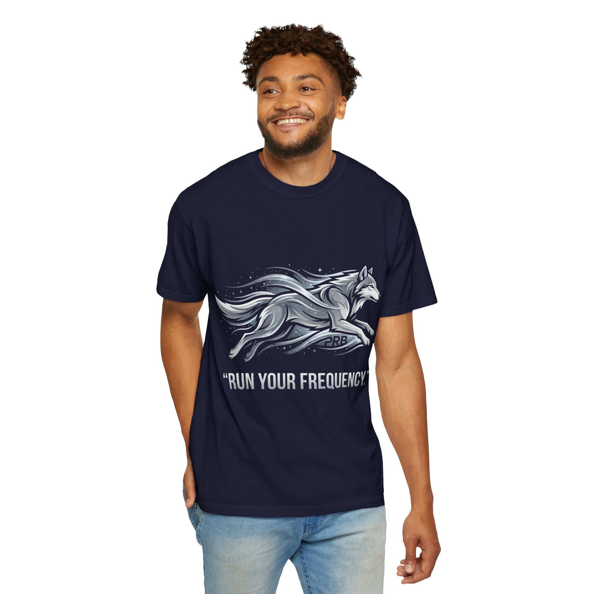 Wolf Graphic T-Shirt — 'Run Your Frequency' Motivational Tee by Printify