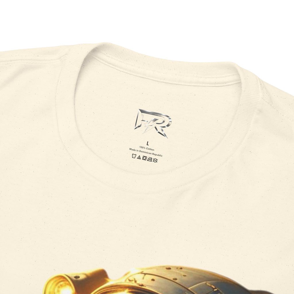 Power Runs Black PRB Golden Astronaut Portrait T-Shirt | Space Helmet Art, Cosmic Lights by Printify