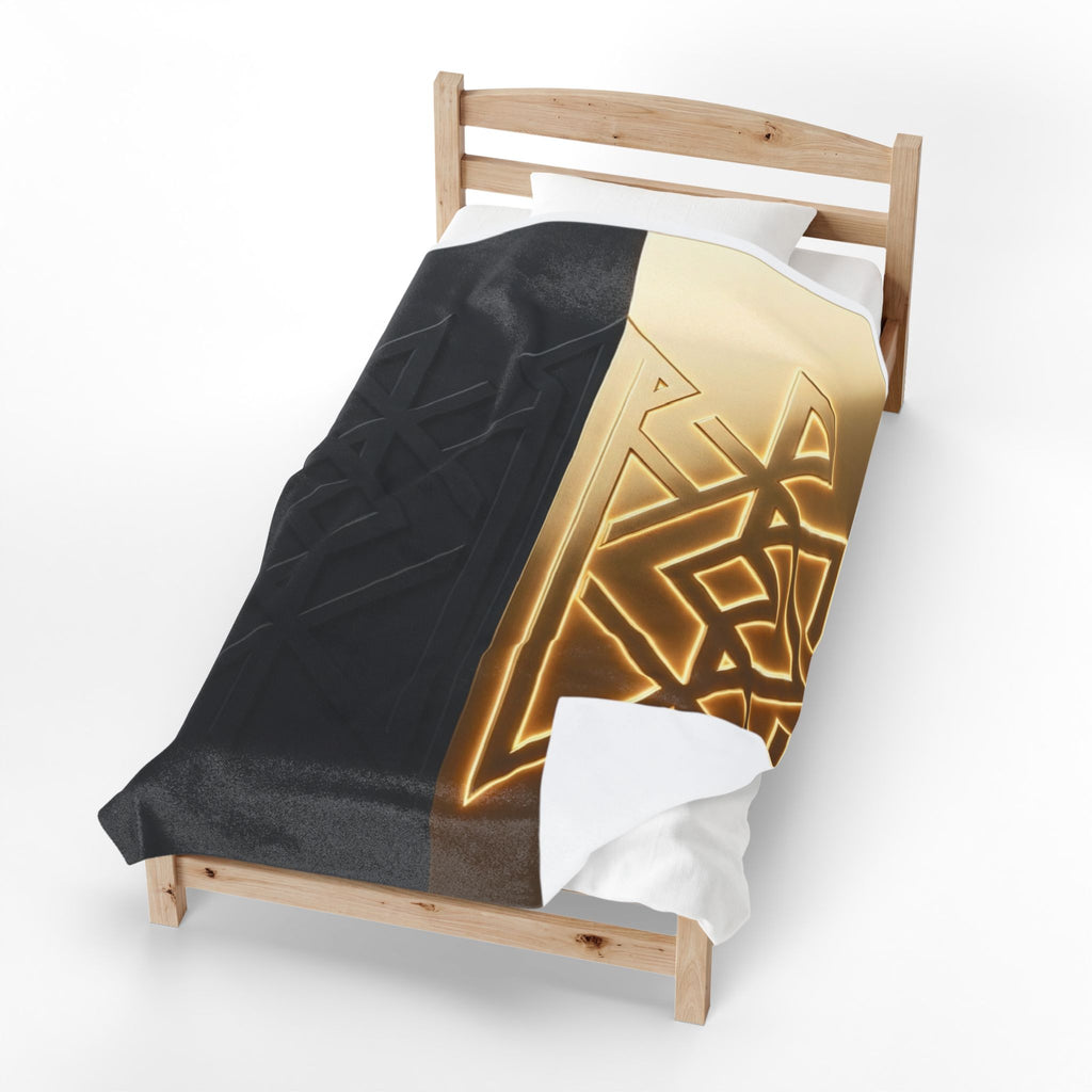 Power Runs Black PRB Velveteen Plush Blanket — Geometric Gold & Black Nordic Rune Throw by Power Runs Black