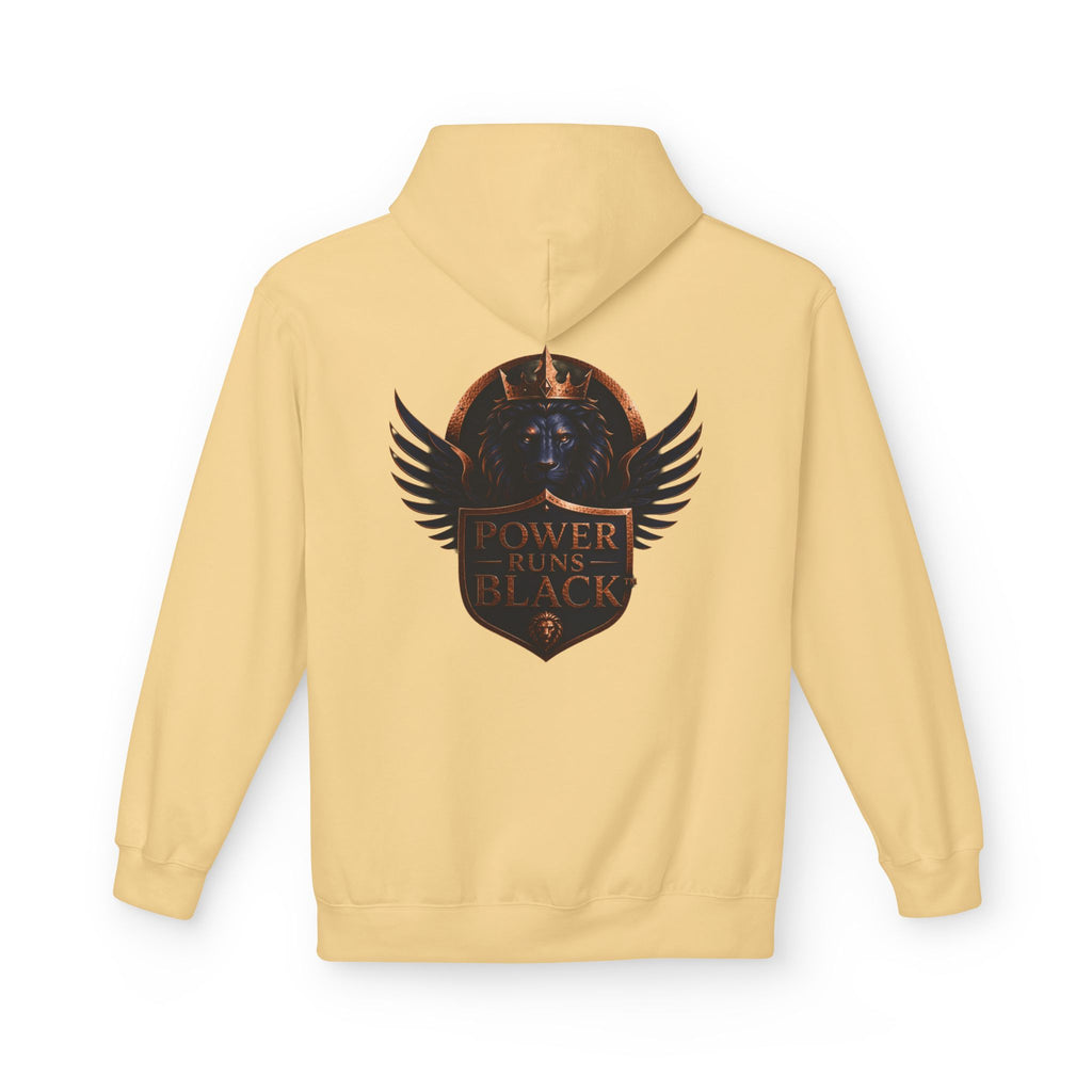 Power Runs Black crest hoodie | medieval shield with lions and wings by Power Runs Black