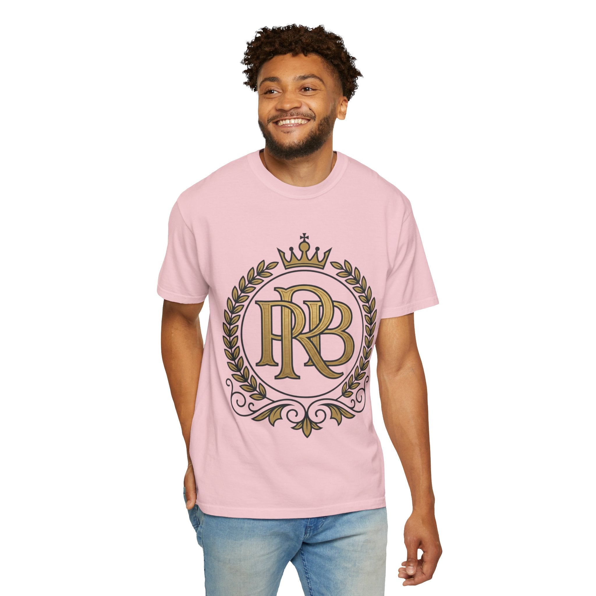 PRB Gold Monogram Crest Graphic T-Shirt | Laurel Crown Emblem Streetwear Tee by Printify