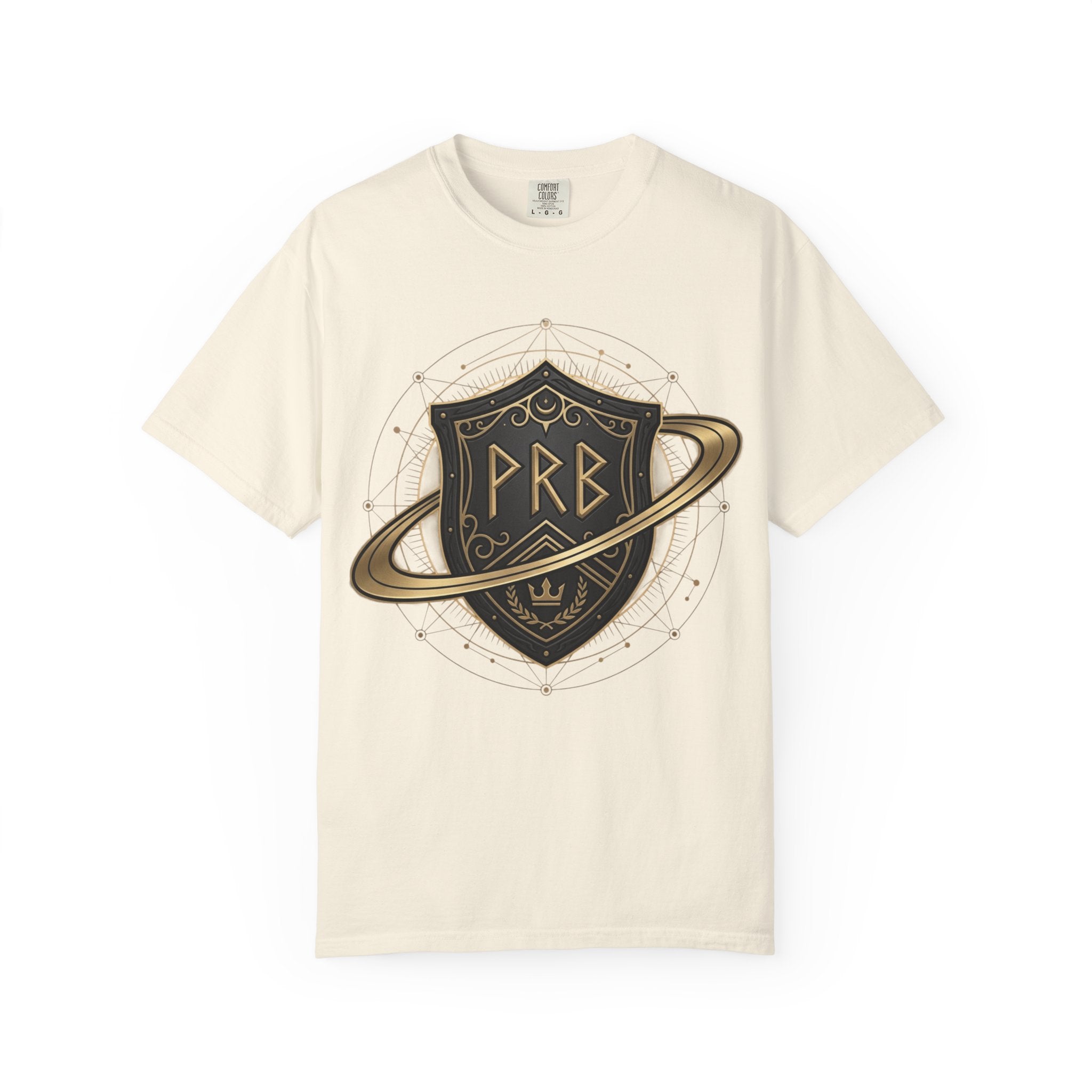 Power Runs Black Astral Crest Shield PRB T-Shirt | Saturn Ring Emblem, Gothic Heraldry by Printify