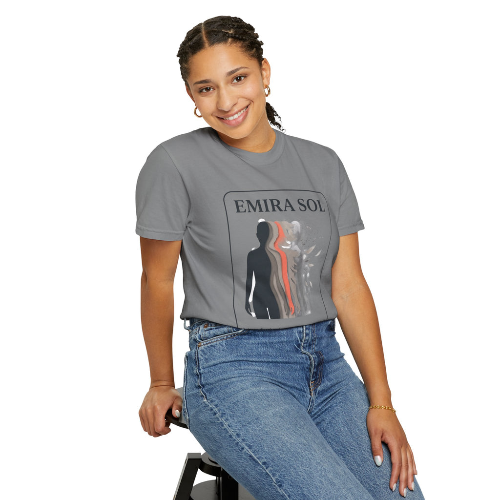 Power Runs Black PRB Emira Sol Graphic T-Shirt — Silhouette Art "Release Shadows" Tee by Printify