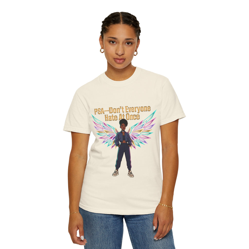 T-Shirt — PSA “Don't Everyone Hate At Once” Angel Wings Graphic Tee by Printify