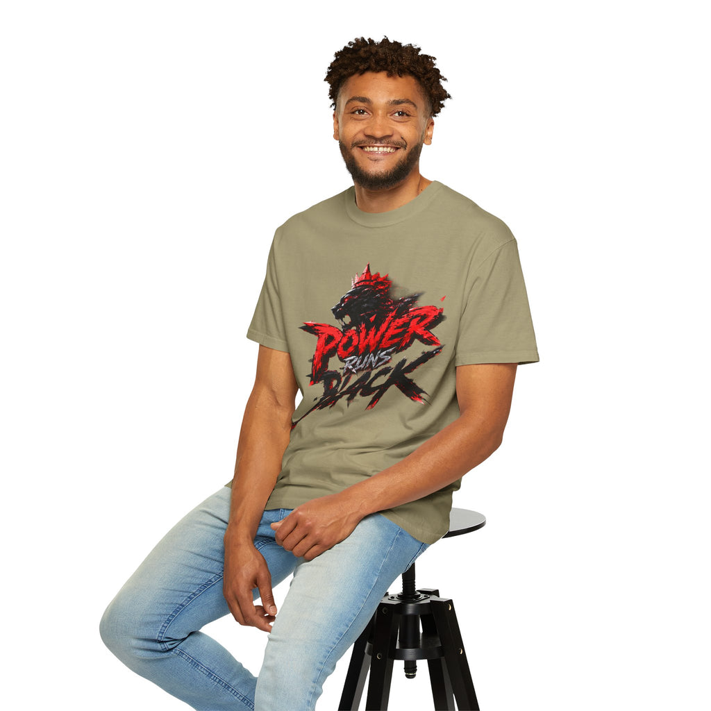 Power Runs Black T-shirt | Wolf Silhouette, Red Black Graphic Tee by Power Runs Black
