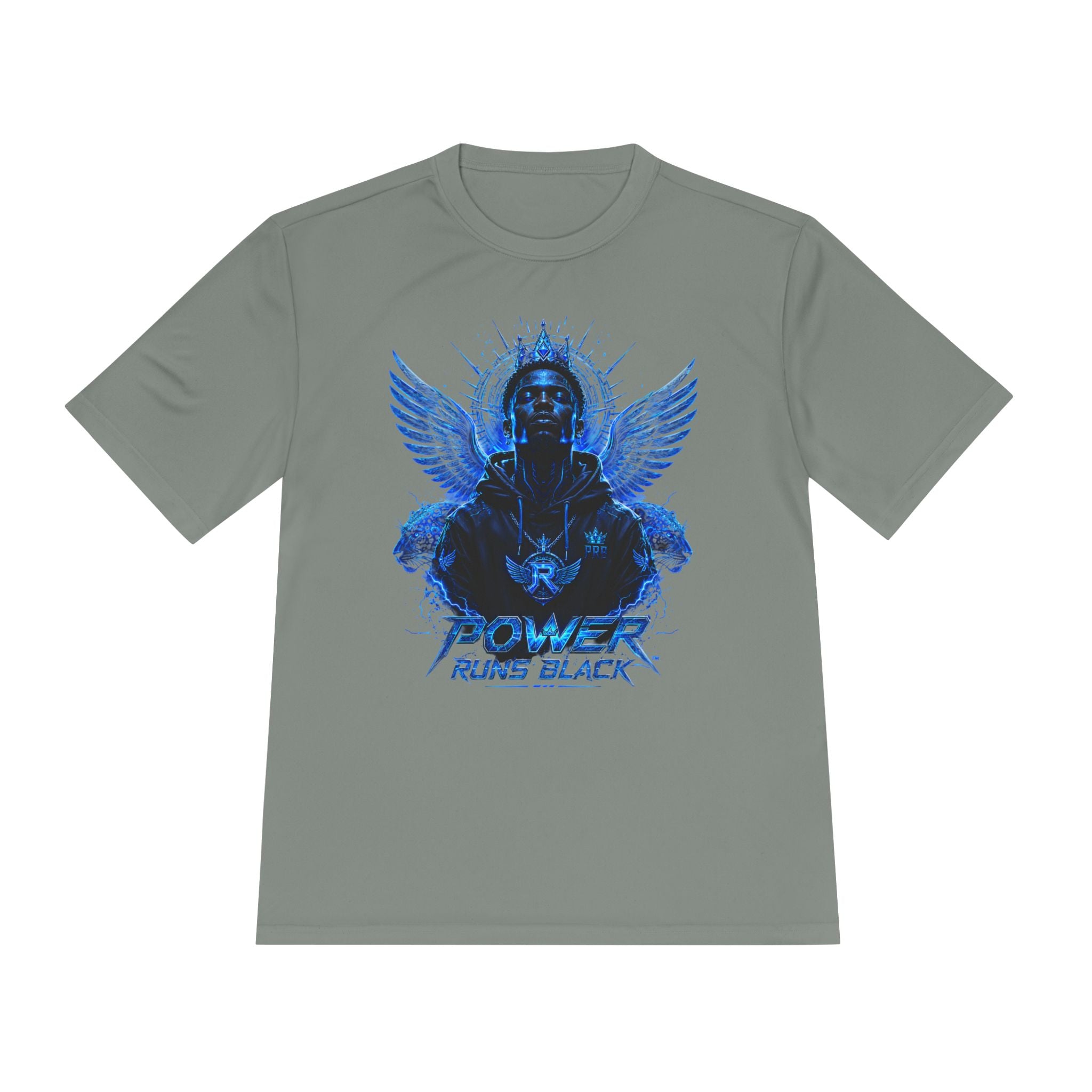 Power Runs Black graphic Tee | Blue angel wings, armored figure, bold script by Power Runs Black