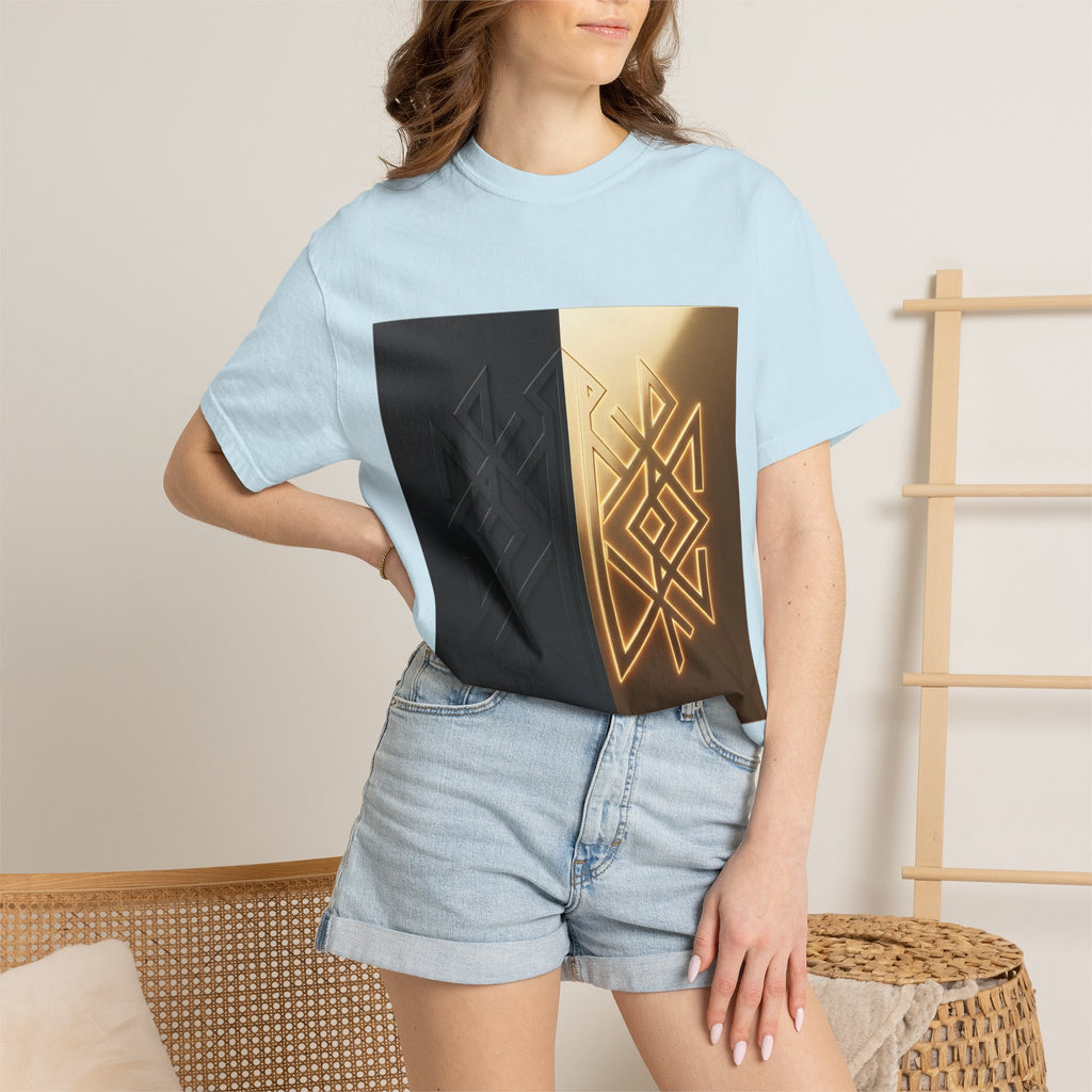 Power Runs Black PRB Geometric Split Glow T-Shirt — Black & Gold Tribal Diamond Graphic by Power Runs Black