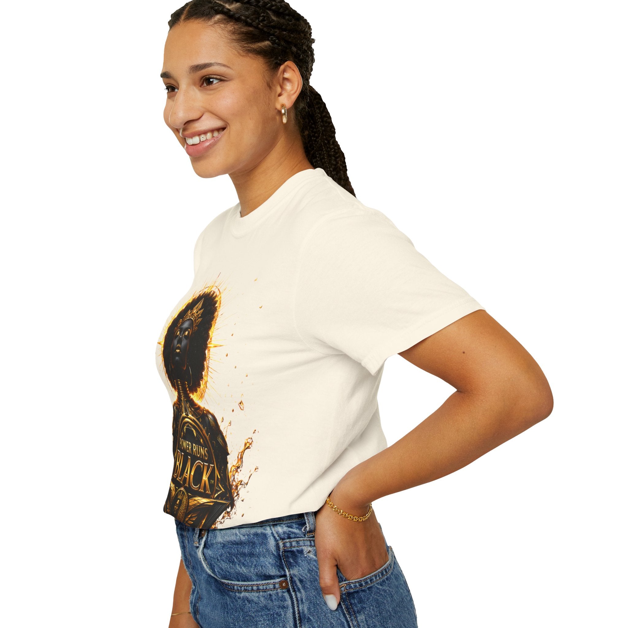 Power Runs Black goddess illustration T-Shirt | Afrocentric black pride design by Power Runs Black