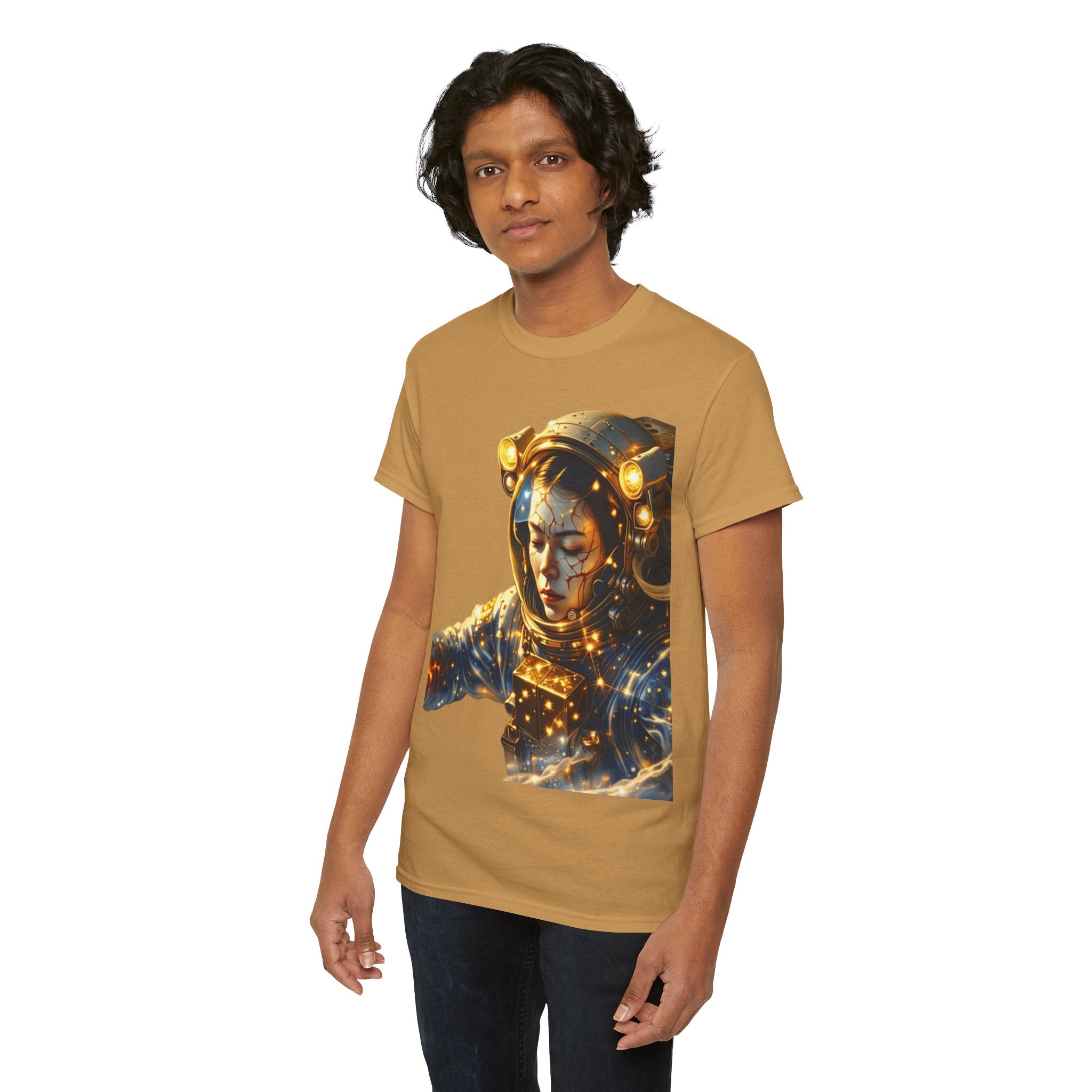 Power Runs Black PRB Golden Astronaut Portrait T-Shirt | Space Helmet Art, Cosmic Lights by Printify
