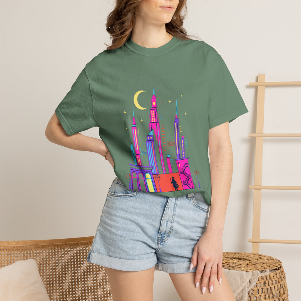 Power Runs Black PRB Neon City Skyline T-shirt | Vibrant Urban Nightscape Tee by Printify
