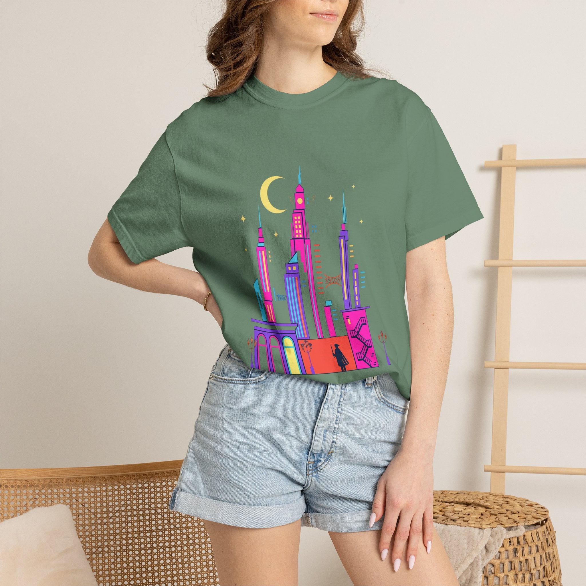 Power Runs Black PRB Neon City Skyline T-shirt | Vibrant Urban Nightscape Tee by Printify
