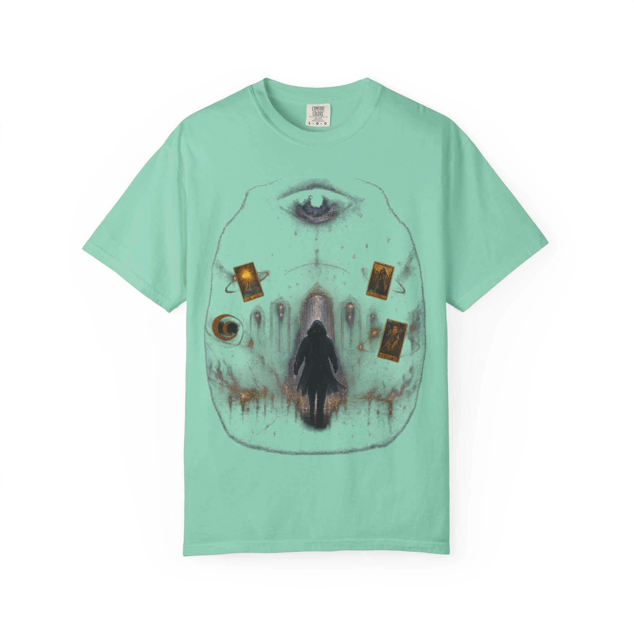 PRB Occult Tarot Skull T-Shirt — Mystic Eye & Shadow Figure Graphic by Power Runs Black