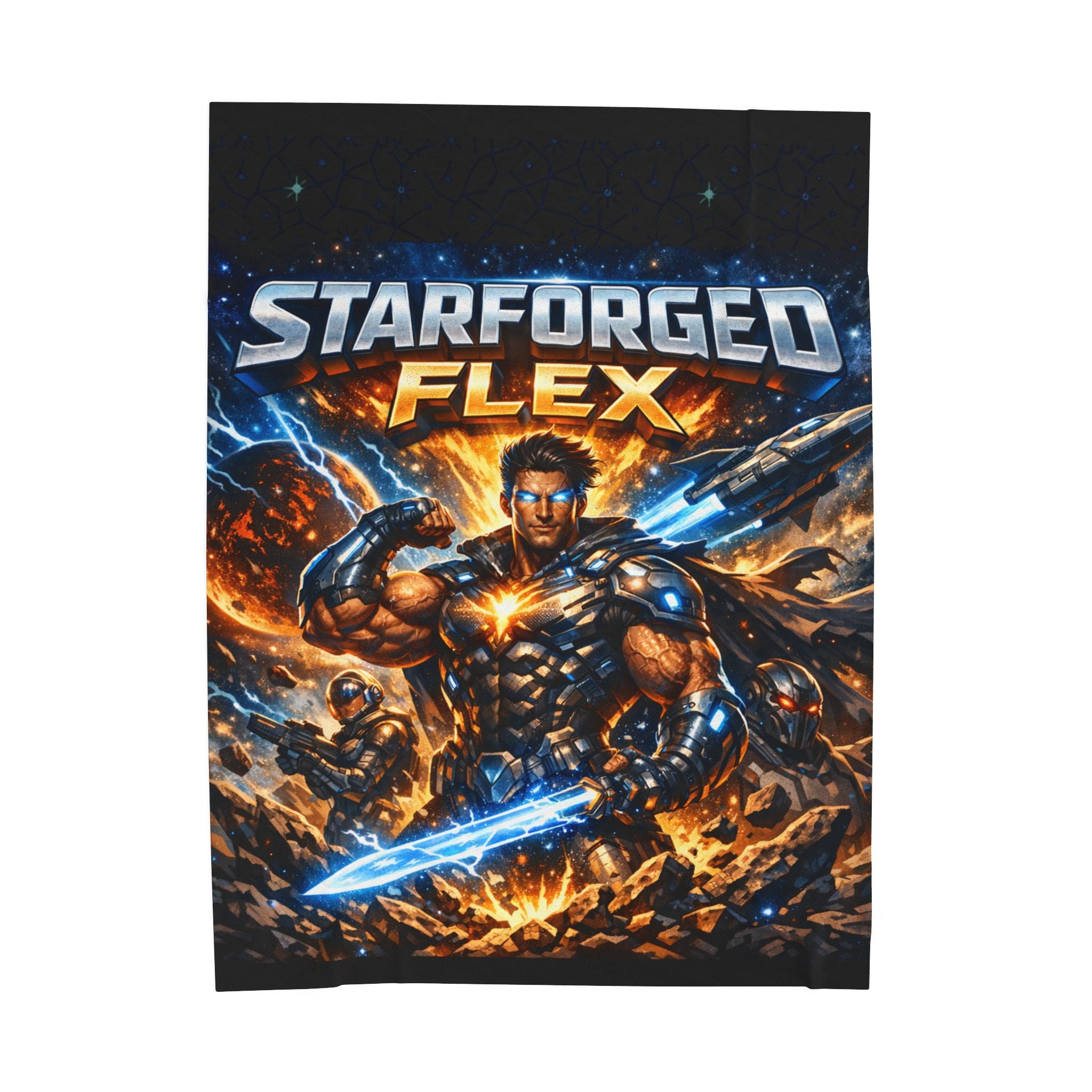 Power Runs Black Starforged Flex Velveteen Plush Blanket — Sci‑Fi Warrior Graphic Throw by Power Runs Black
