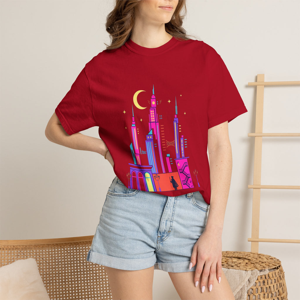 Power Runs Black PRB Neon City Skyline T-shirt | Vibrant Urban Nightscape Tee by Printify