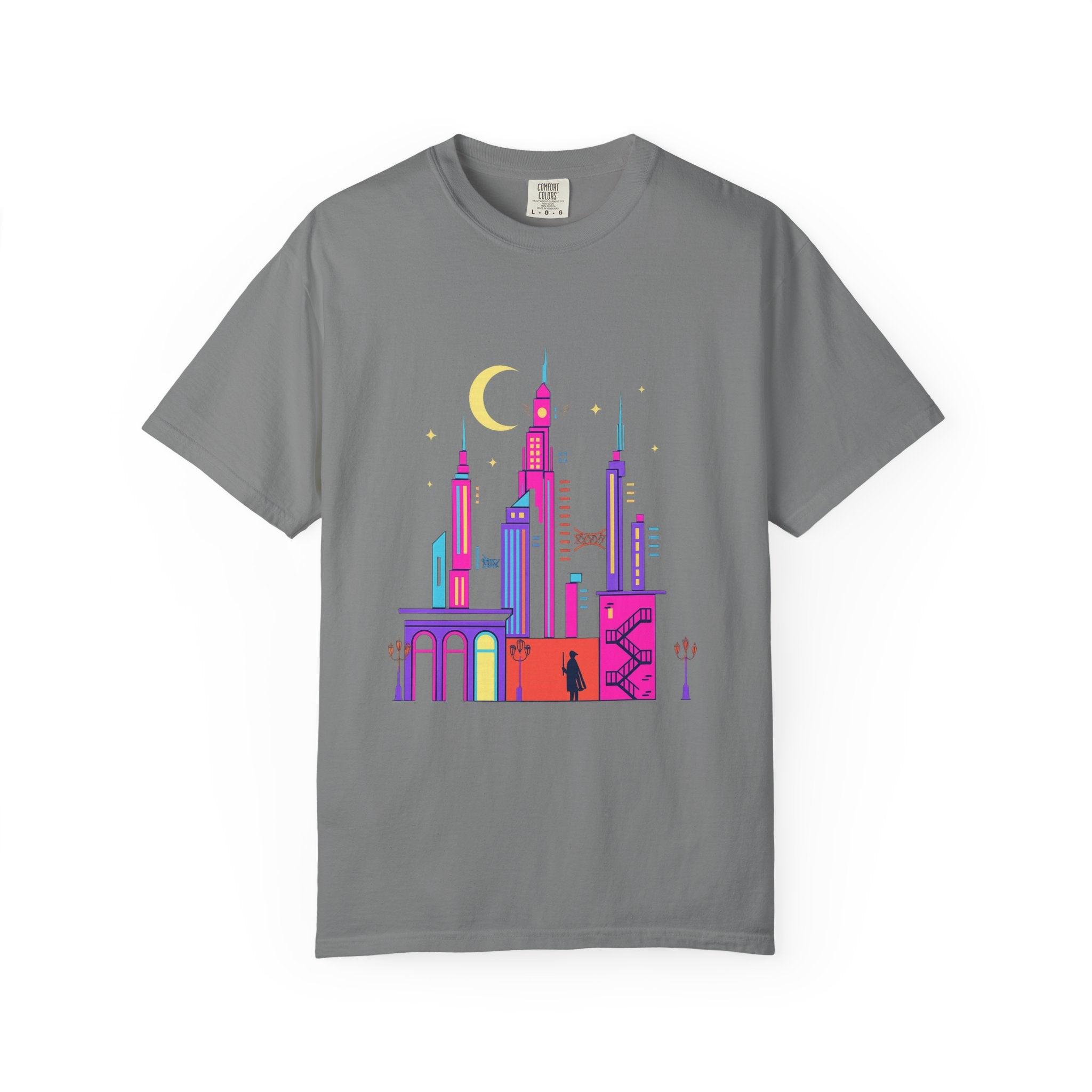 Power Runs Black PRB Neon City Skyline T-shirt | Vibrant Urban Nightscape Tee by Printify