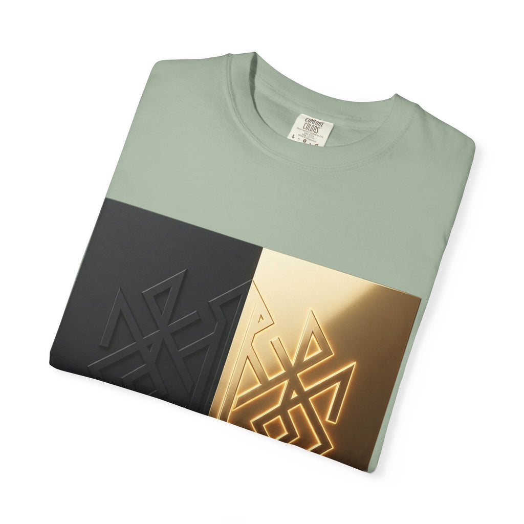 Power Runs Black PRB Geometric Split Glow T-Shirt — Black & Gold Tribal Diamond Graphic by Power Runs Black