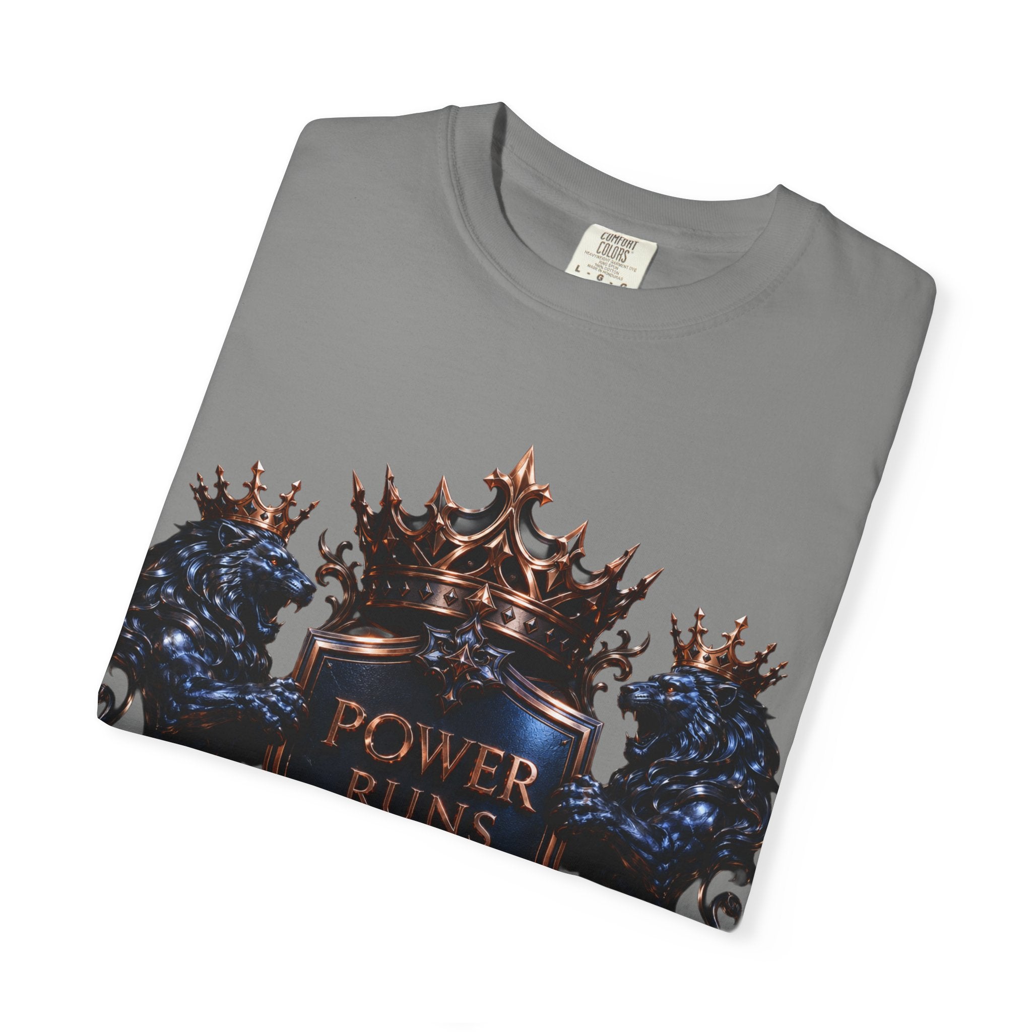 Power Runs Black Crest T-shirt | Heraldic Lion Shield Tee by Power Runs Black