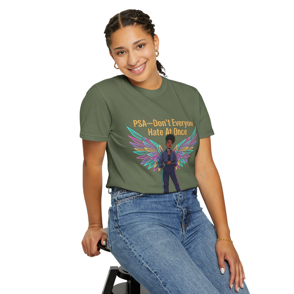 T-Shirt — PSA “Don't Everyone Hate At Once” Angel Wings Graphic Tee by Printify