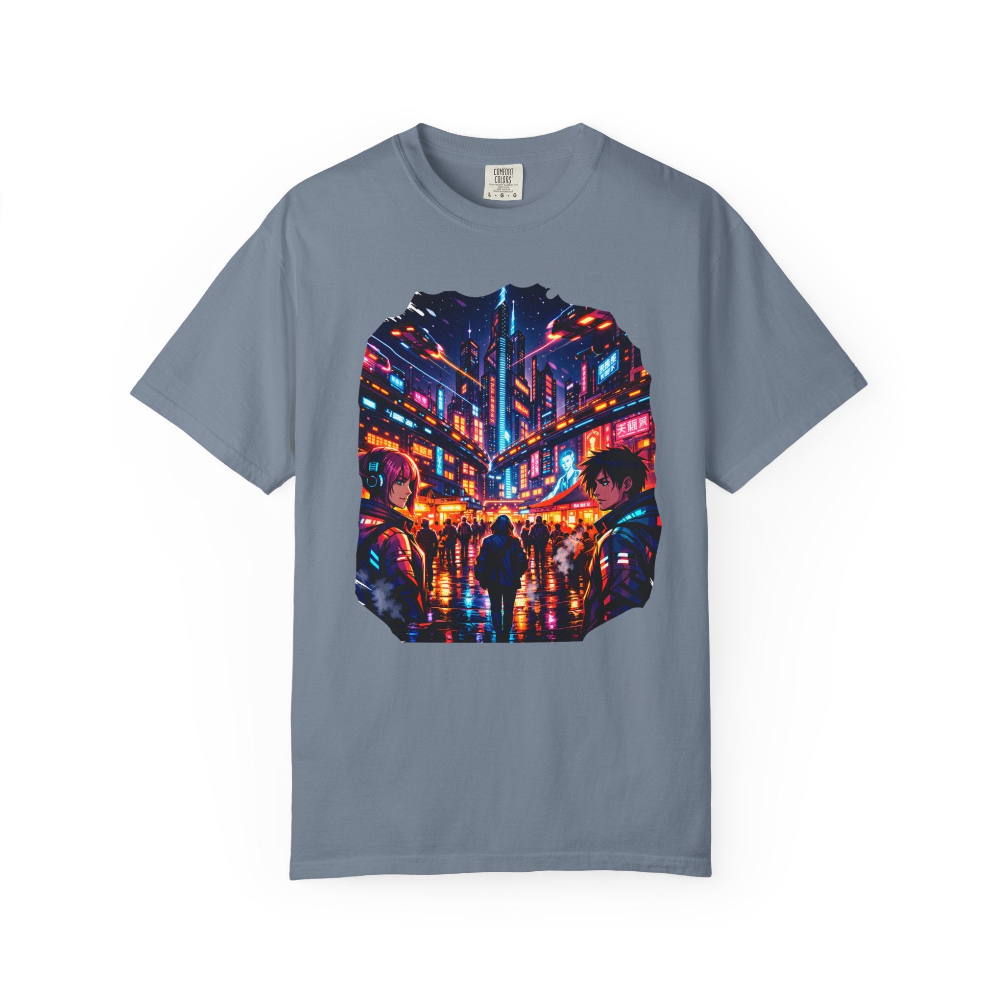 PRB Neon Cyberpunk Cityscape T-shirt | Anime Night Rain Streets by Power Runs Black