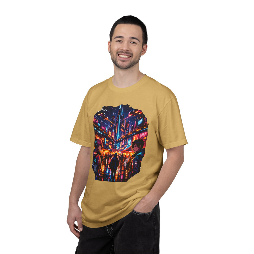 PRB Neon Cyberpunk Cityscape T-shirt | Anime Night Rain Streets by Power Runs Black