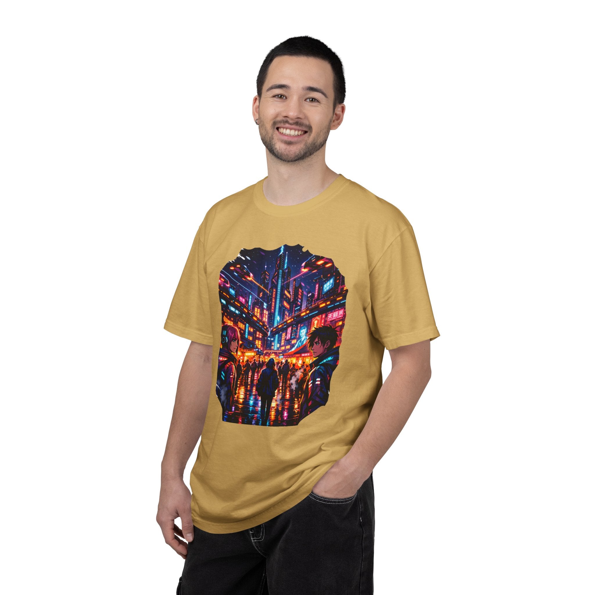 PRB Neon Cyberpunk Cityscape T-shirt | Anime Night Rain Streets by Power Runs Black