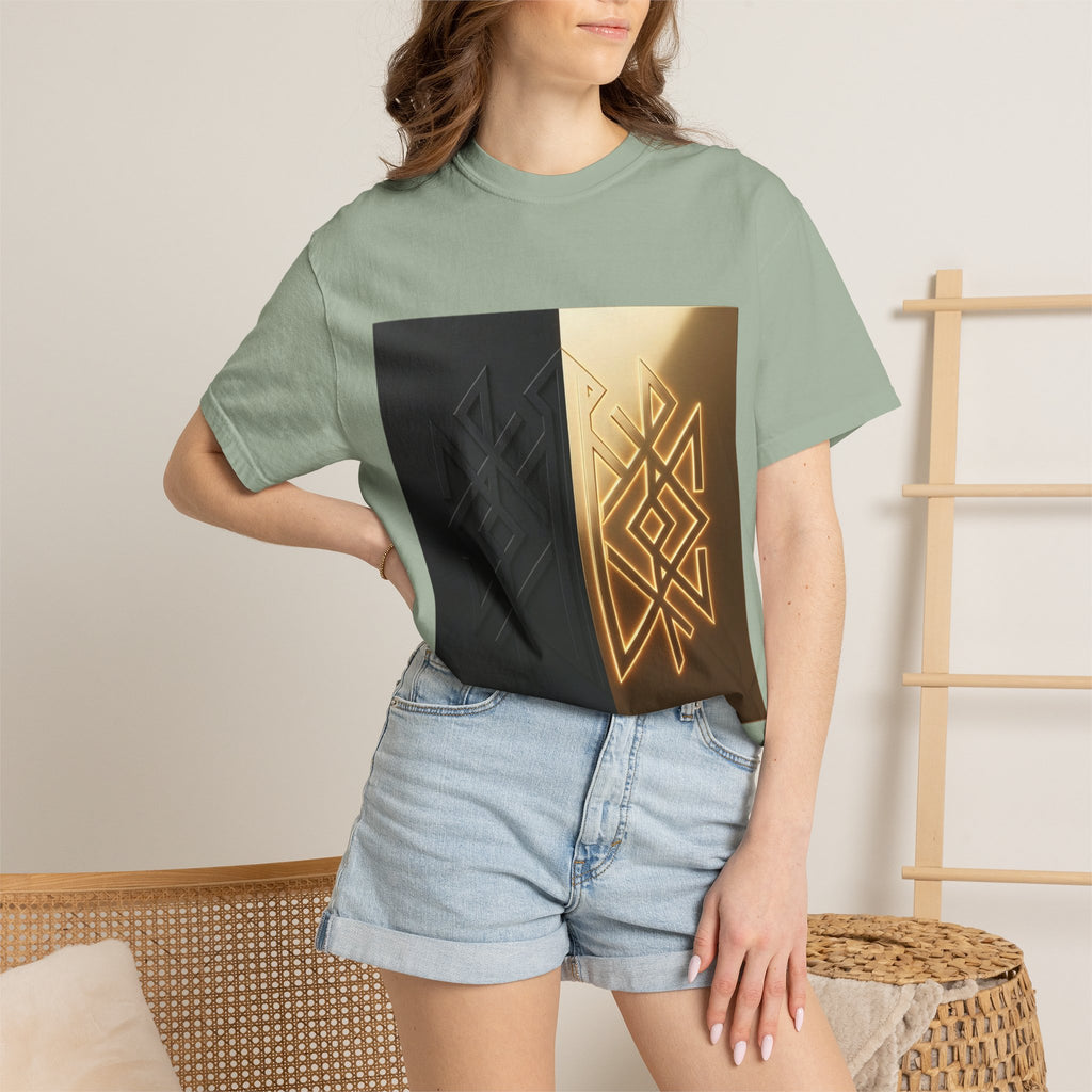 Power Runs Black PRB Geometric Split Glow T-Shirt — Black & Gold Tribal Diamond Graphic by Power Runs Black