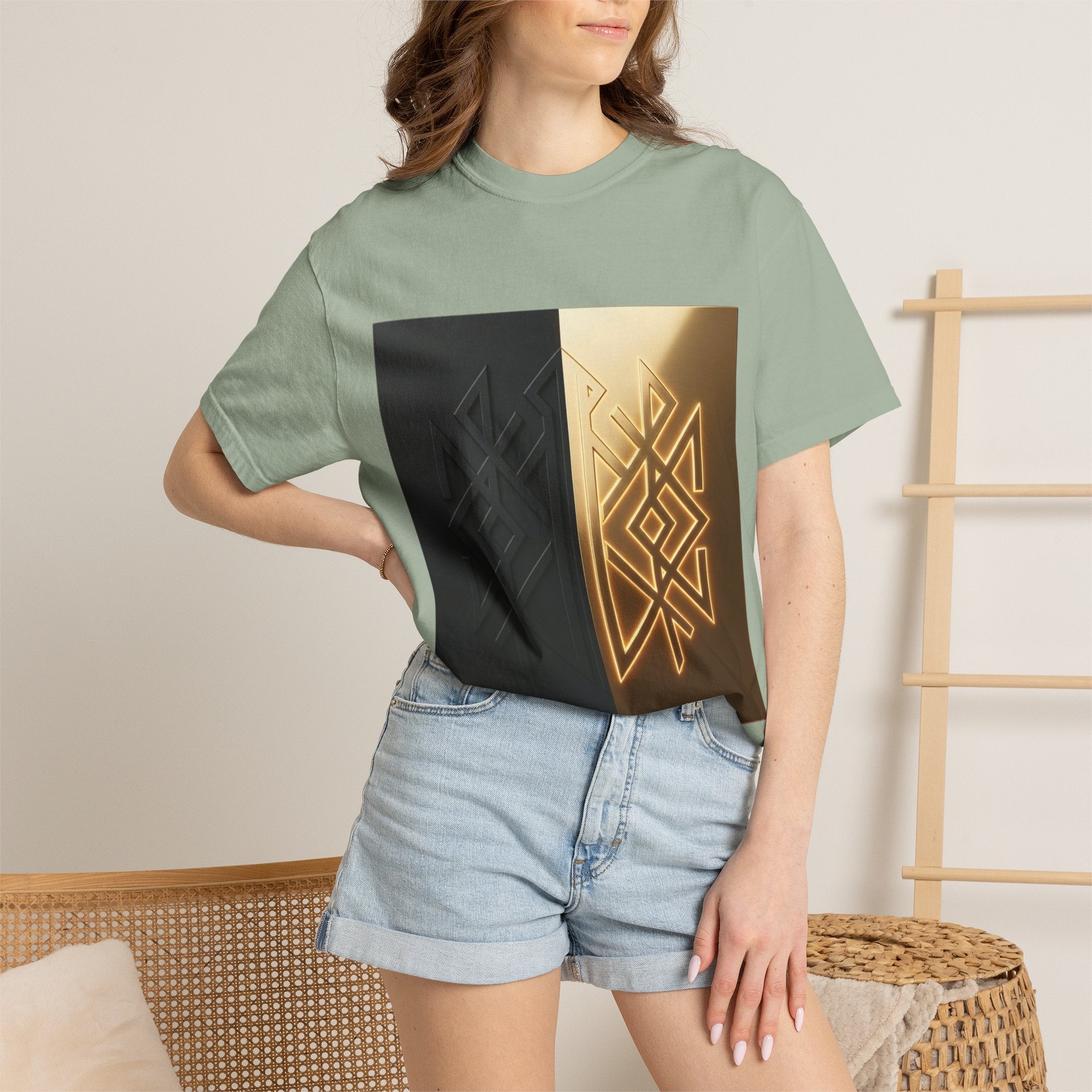 Power Runs Black PRB Geometric Split Glow T-Shirt — Black & Gold Tribal Diamond Graphic by Power Runs Black