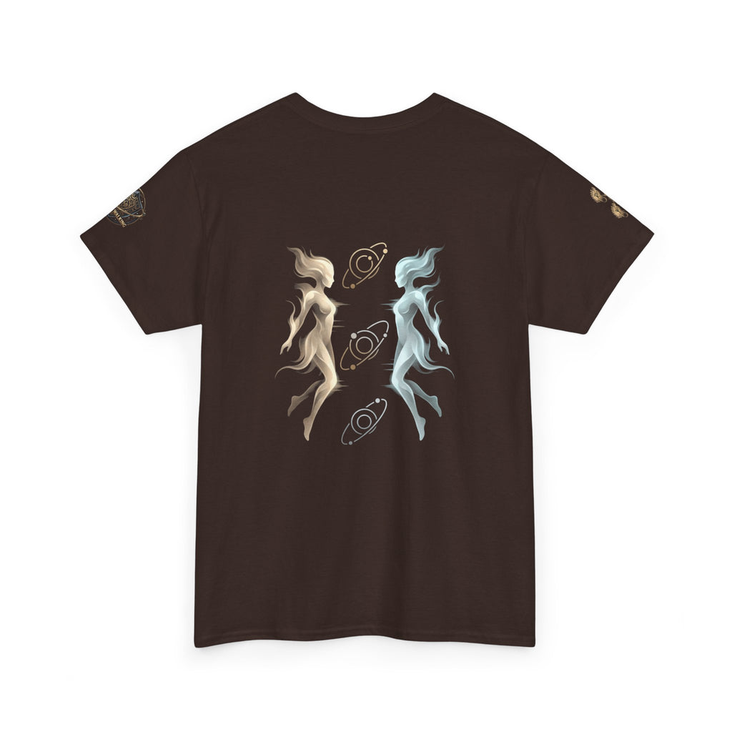 Power Runs Black Gemini Spirit Tee — Twin Sun & Moon Celestial Graphic T-Shirt by Printify