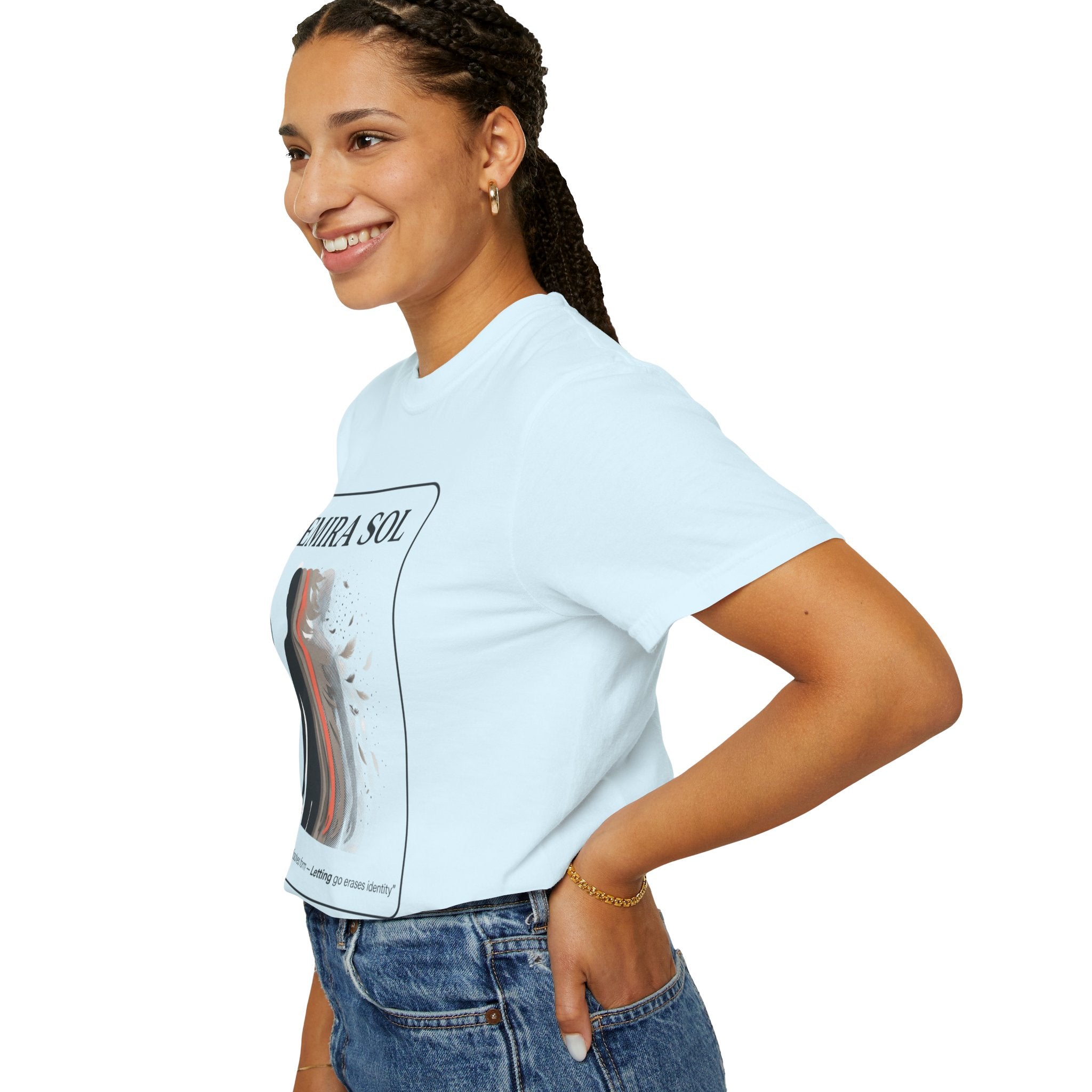 Power Runs Black PRB Emira Sol Graphic T-Shirt — Silhouette Art "Release Shadows" Tee by Printify