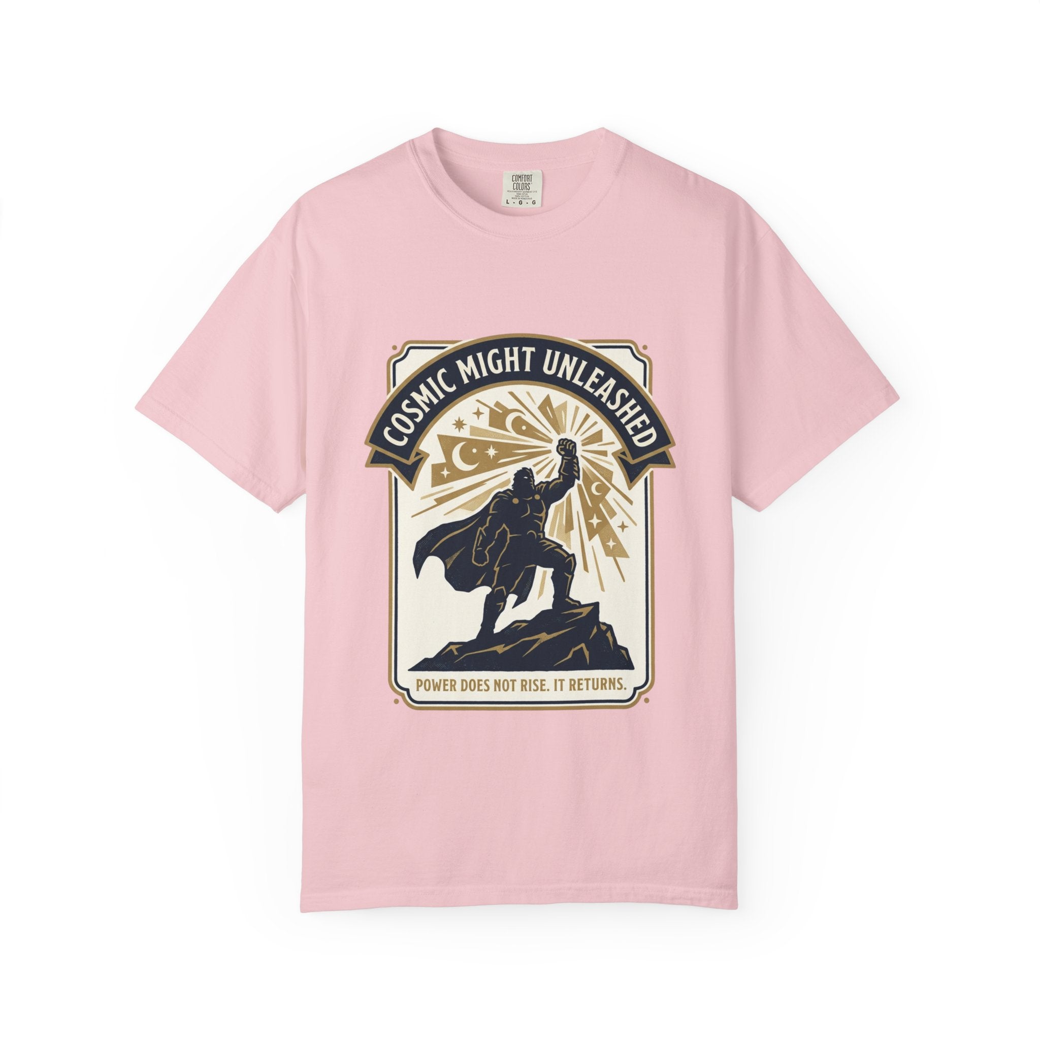 PRB Starforged Flex Cosmic Might Unleashed T-Shirt — Retro Superhero Space Graphic ('Power Does Not Rise, It Returns') by Power Runs Black