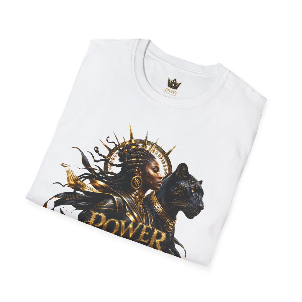 Power Runs Black PRB | Black Woman Portrait, Gold Accents Panther Graphics T by Printify