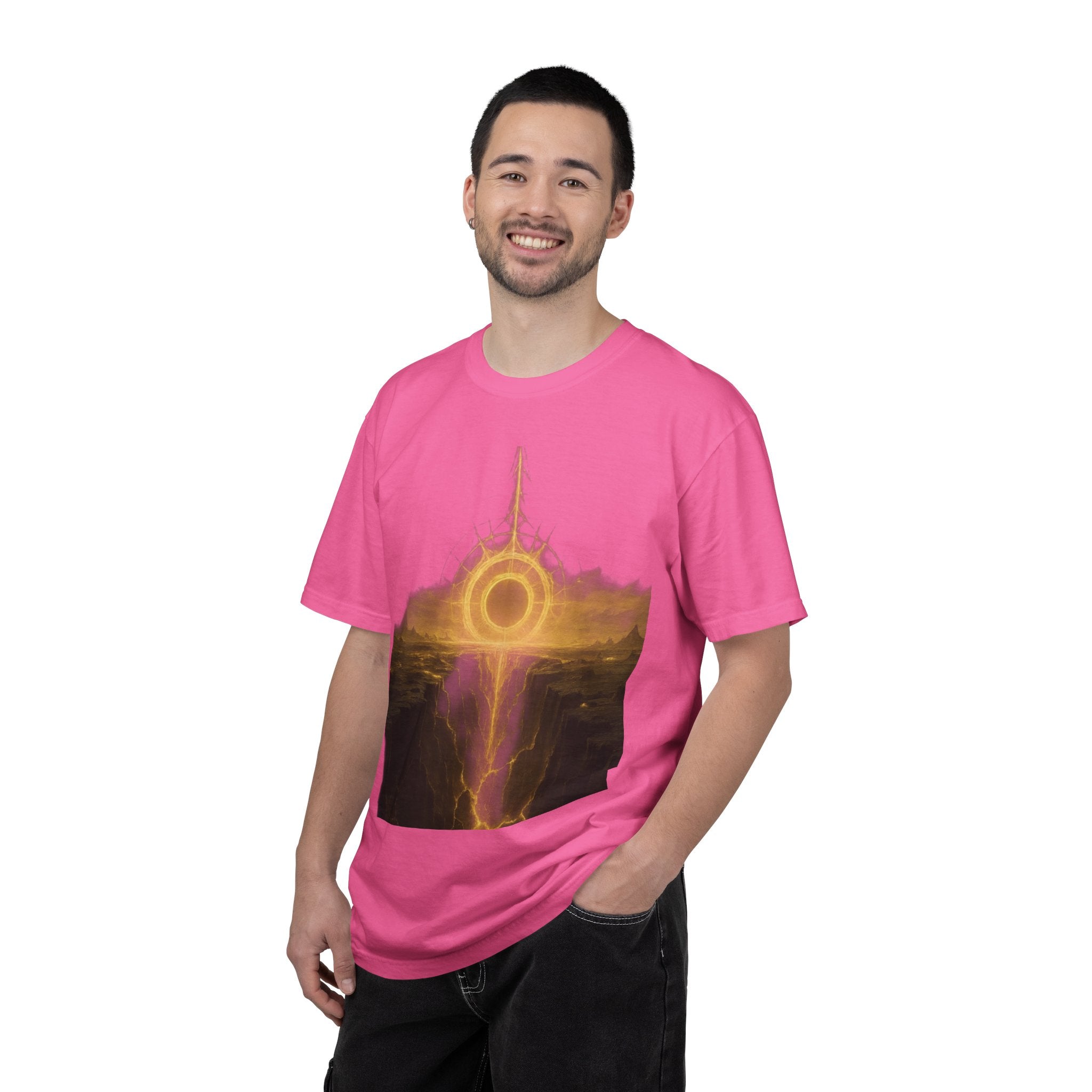 Power Runs Black PRB Golden Eclipse Portal T-shirt | Fantasy Landscape, Mystic Ring, Tower Art by Power Runs Black