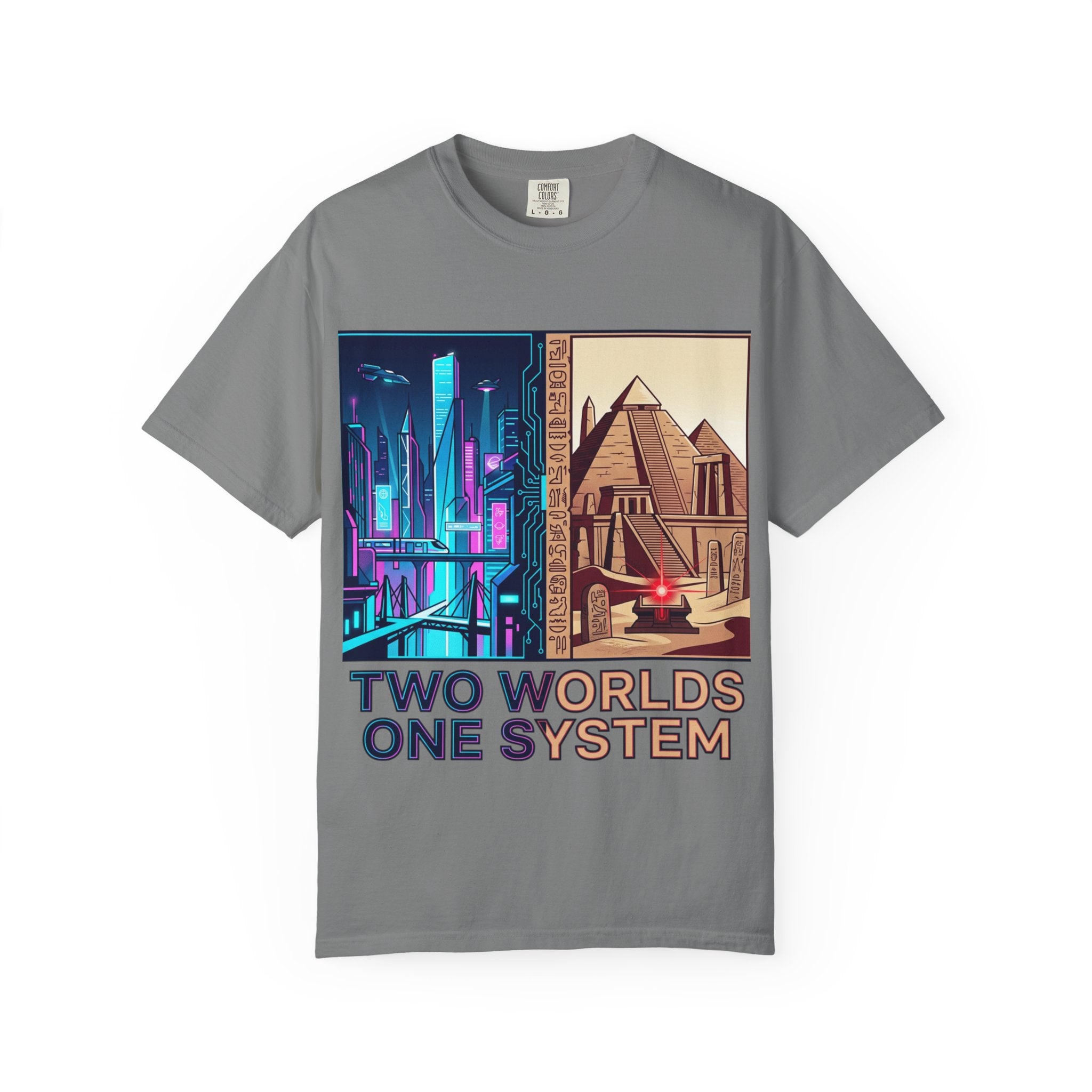 Power Runs Black PRB Blue Technopolis/ Red Dominion Two Worlds One System T-Shirt by Power Runs Black