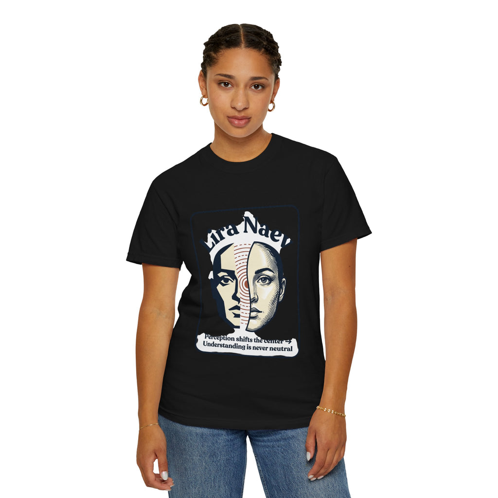 Power Runs Black PRB Lira Naev Split-Face Graphic T-Shirt — “Perception shifts the center” Statement Tee by Power Runs Black