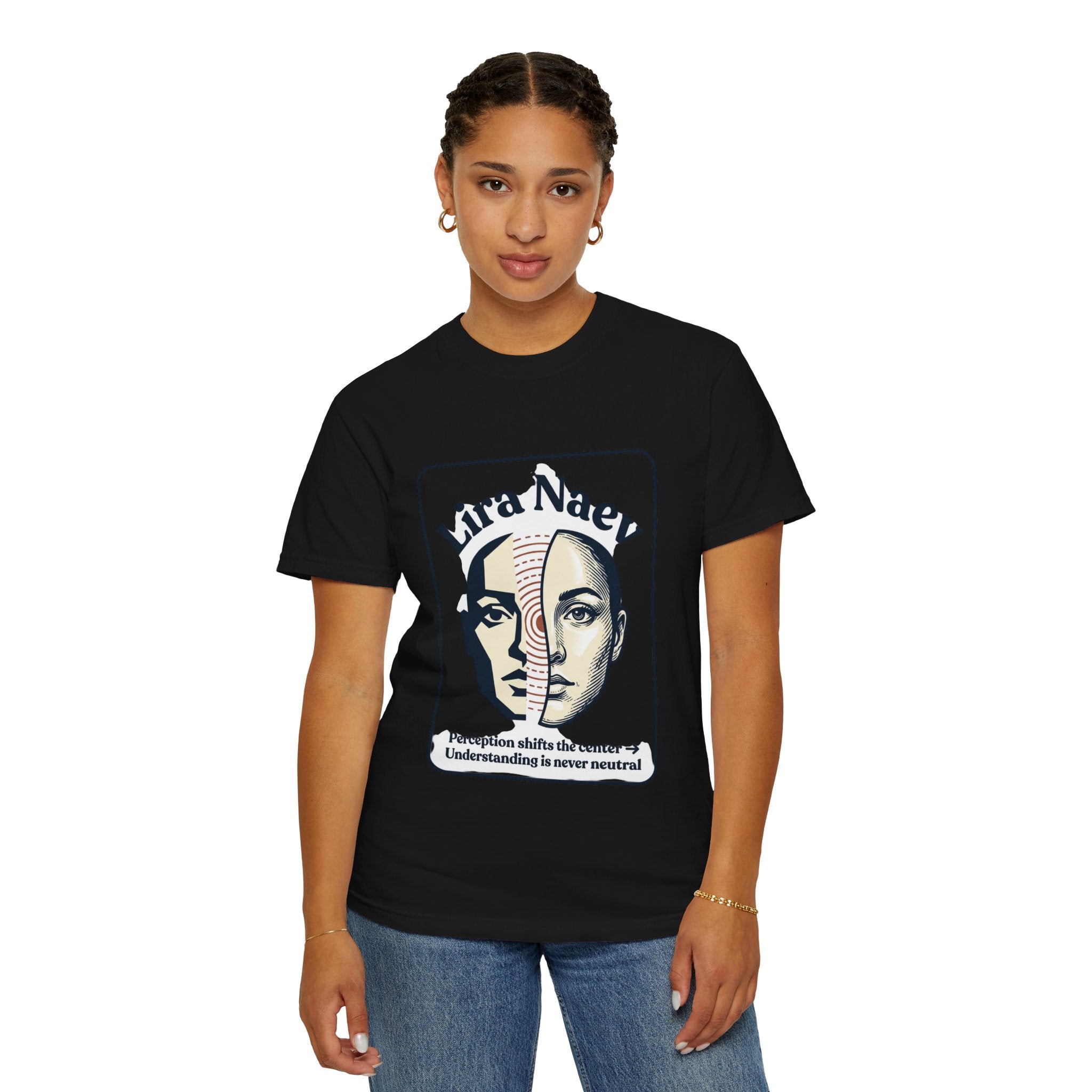 Power Runs Black PRB Lira Naev Split-Face Graphic T-Shirt — “Perception shifts the center” Statement Tee by Power Runs Black