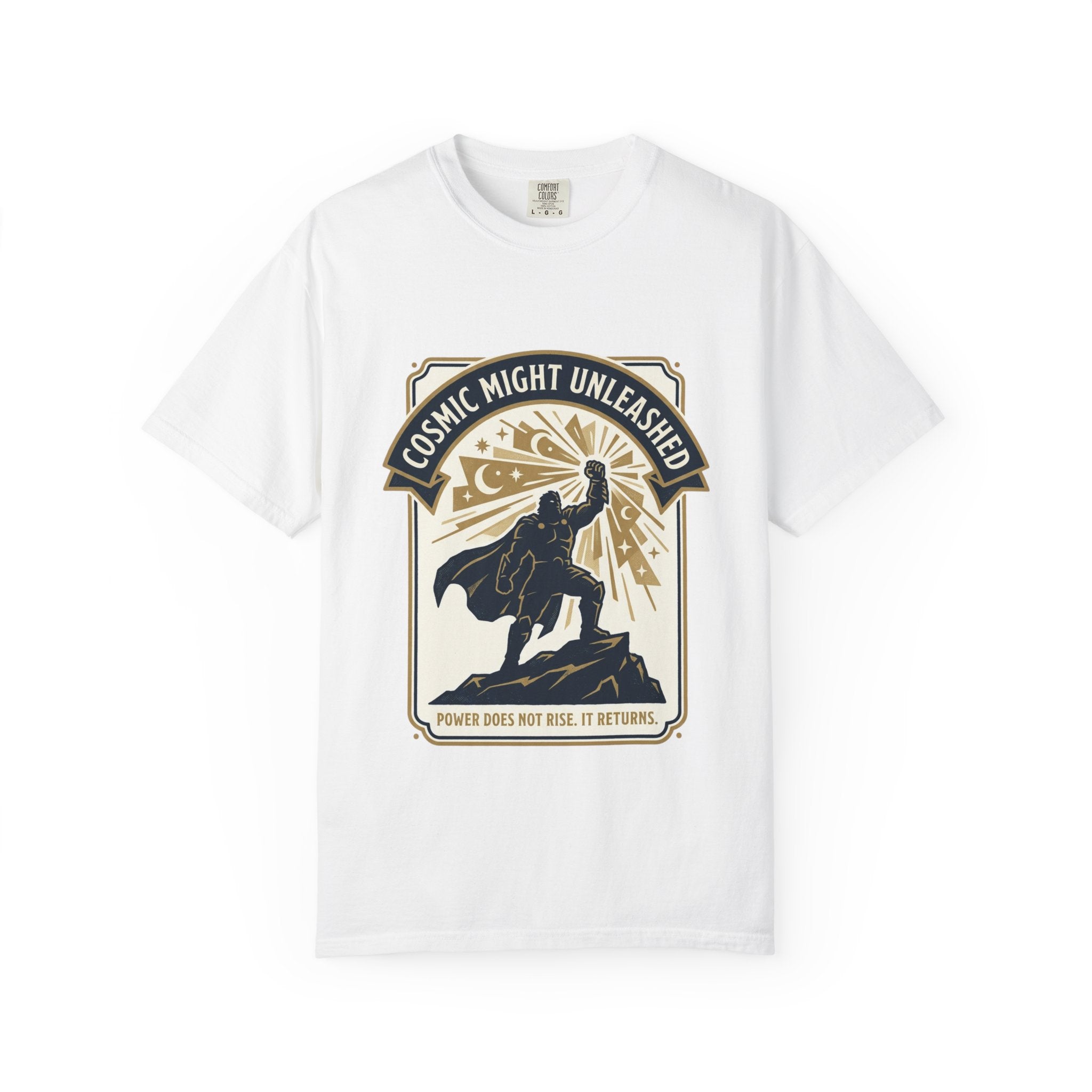 PRB Starforged Flex Cosmic Might Unleashed T-Shirt — Retro Superhero Space Graphic ('Power Does Not Rise, It Returns') by Power Runs Black